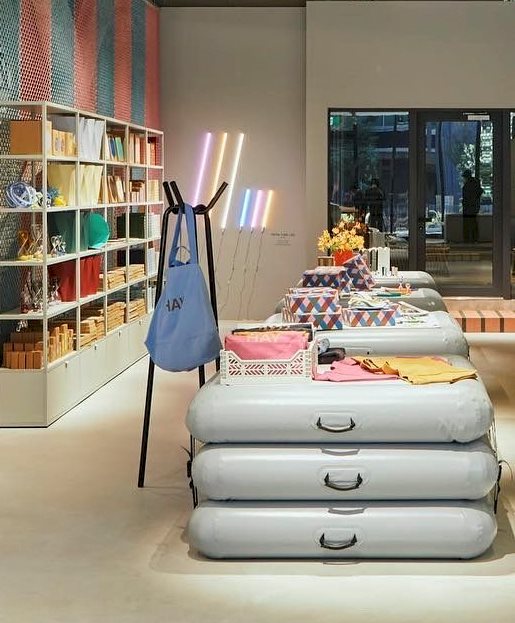 Inside the HAY Osaka Store in Japan with Knit Coat Rack, Colour Crate and Weekend Bag.