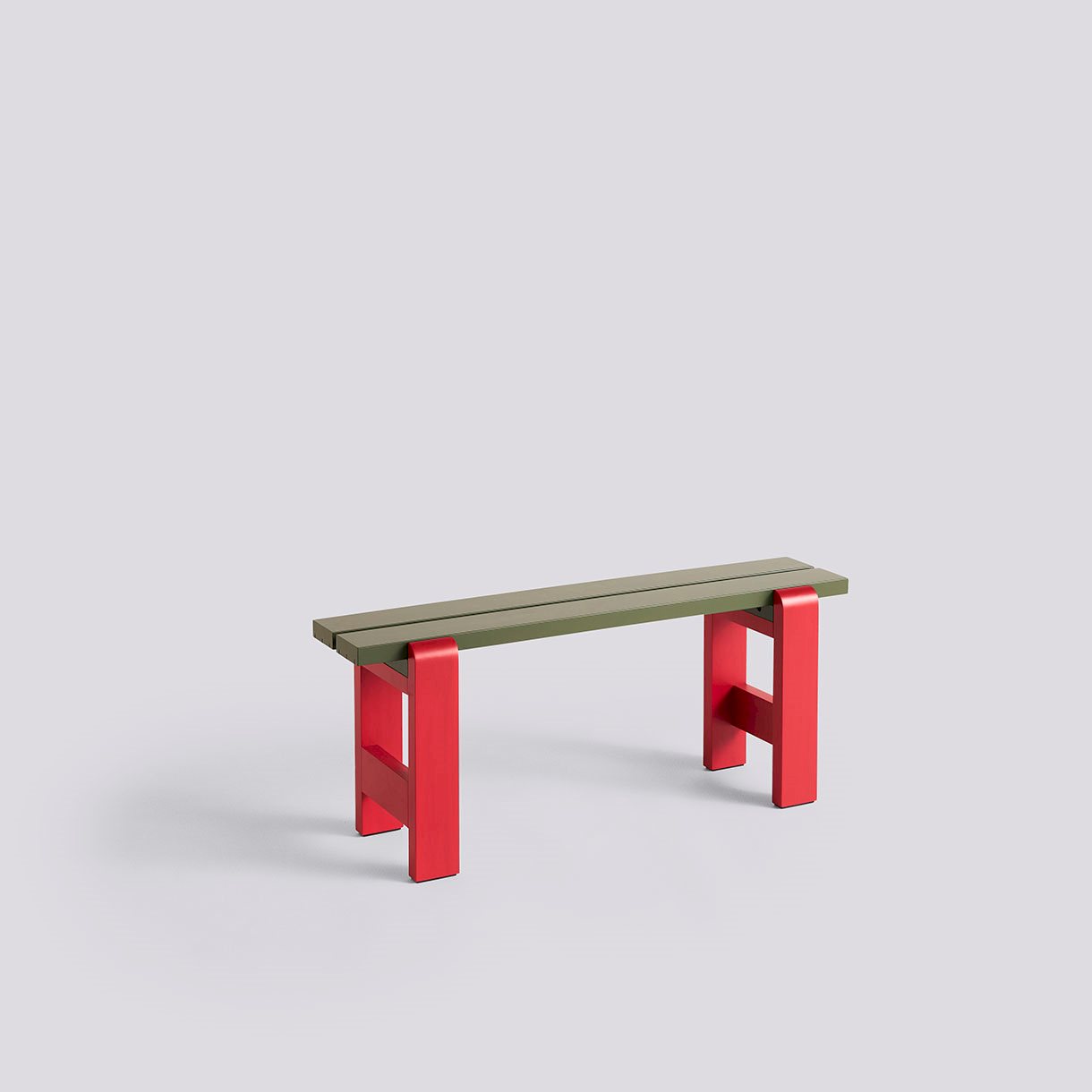 Weekday Bench Duo-W111 x D23 x H45-Olive water-based lacquered pinewood benchtop Wine red water-based lacquered pinewood frame