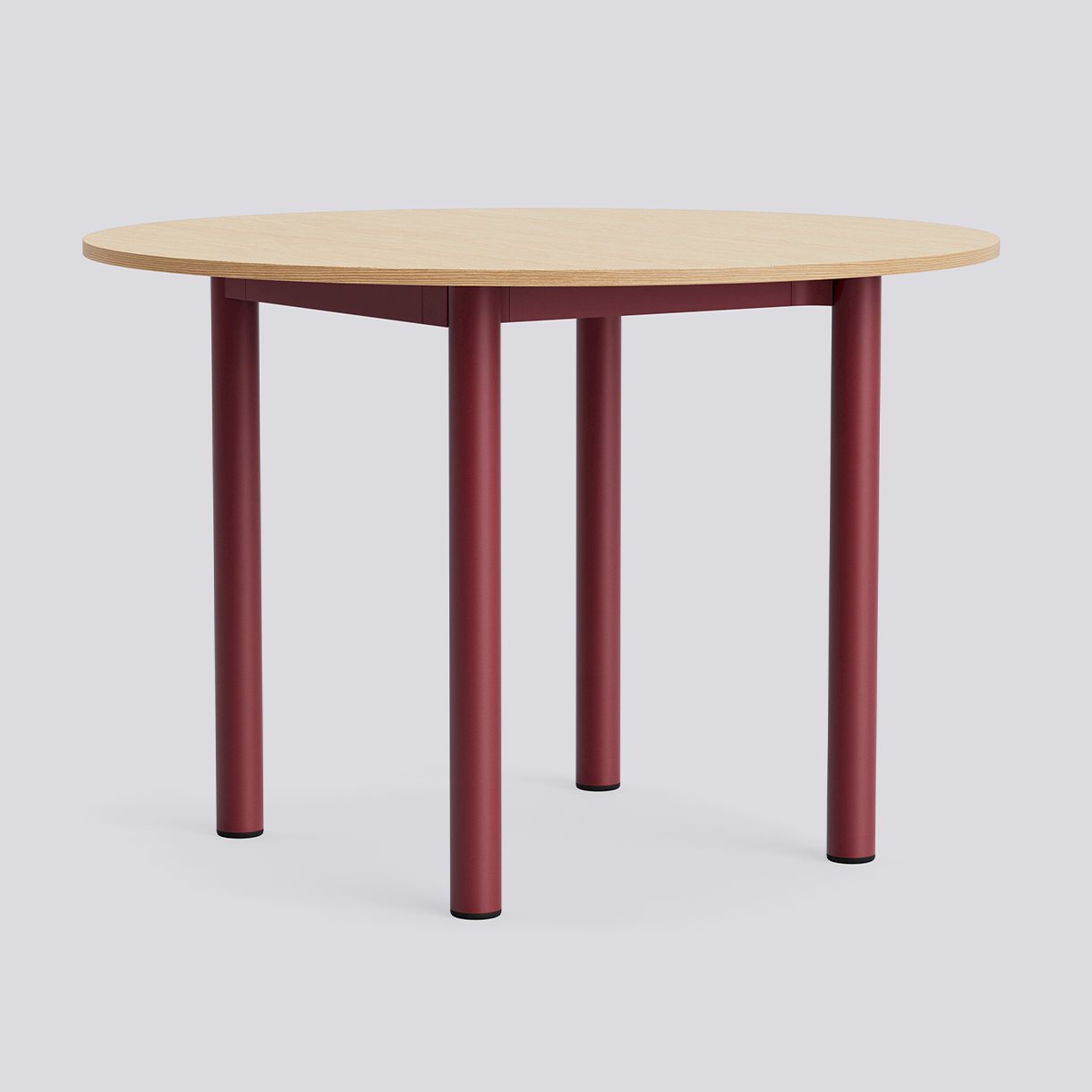 Annex Table Round Barn red powder coated aluminium legs Barn red powder coated aluminium apron Adjustable gliders-Ø110 x H75-Water-based lacquered oak tabletop Water-based lacquered plywood edge