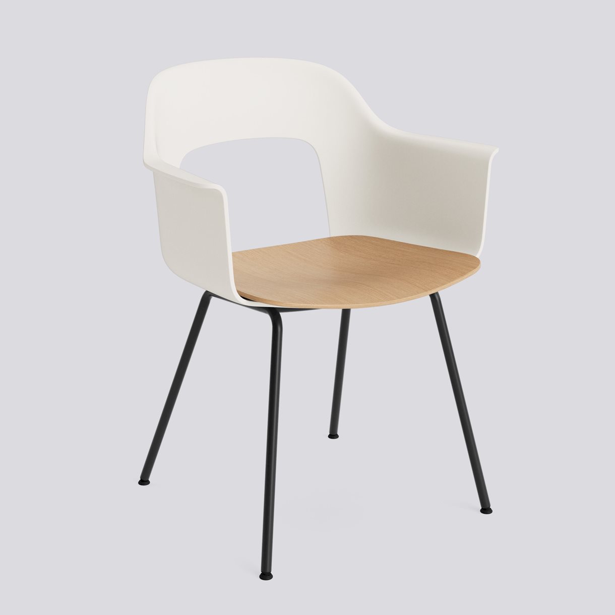 Layout Armchair 212 Black powder coated steel 4 leg base Standard glider-Cream white polypropylene shell Water-based lacquered oak veneer seat-None-None