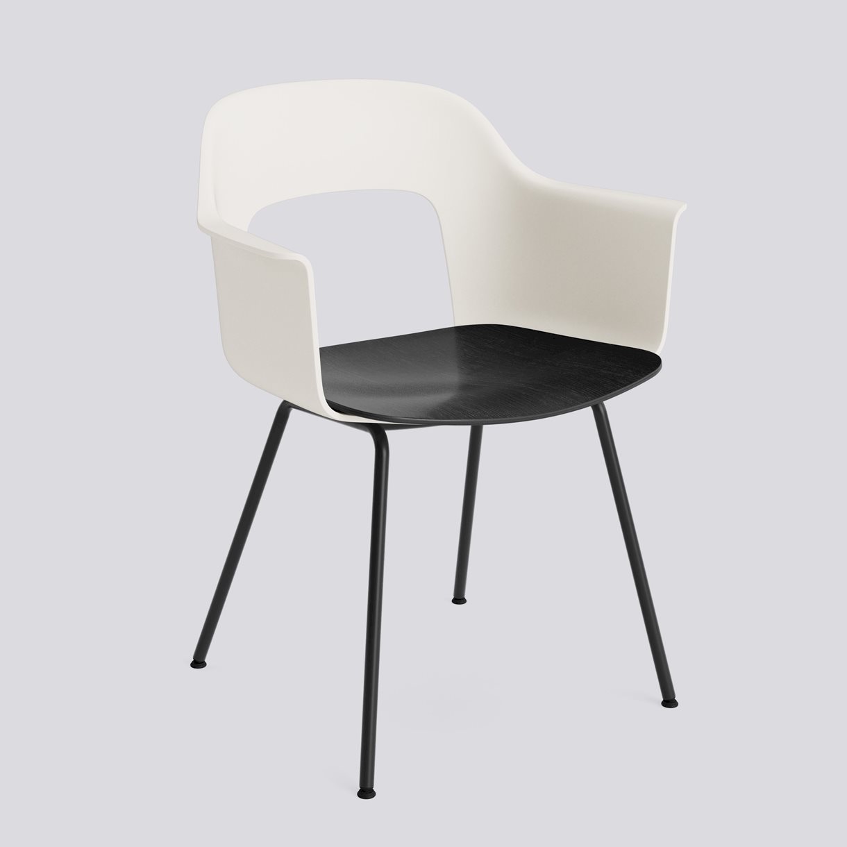 Layout Armchair 212 Black powder coated steel 4 leg base Standard glider-Cream white polypropylene shell Black water-based lacquered oak veneer seat-None-None