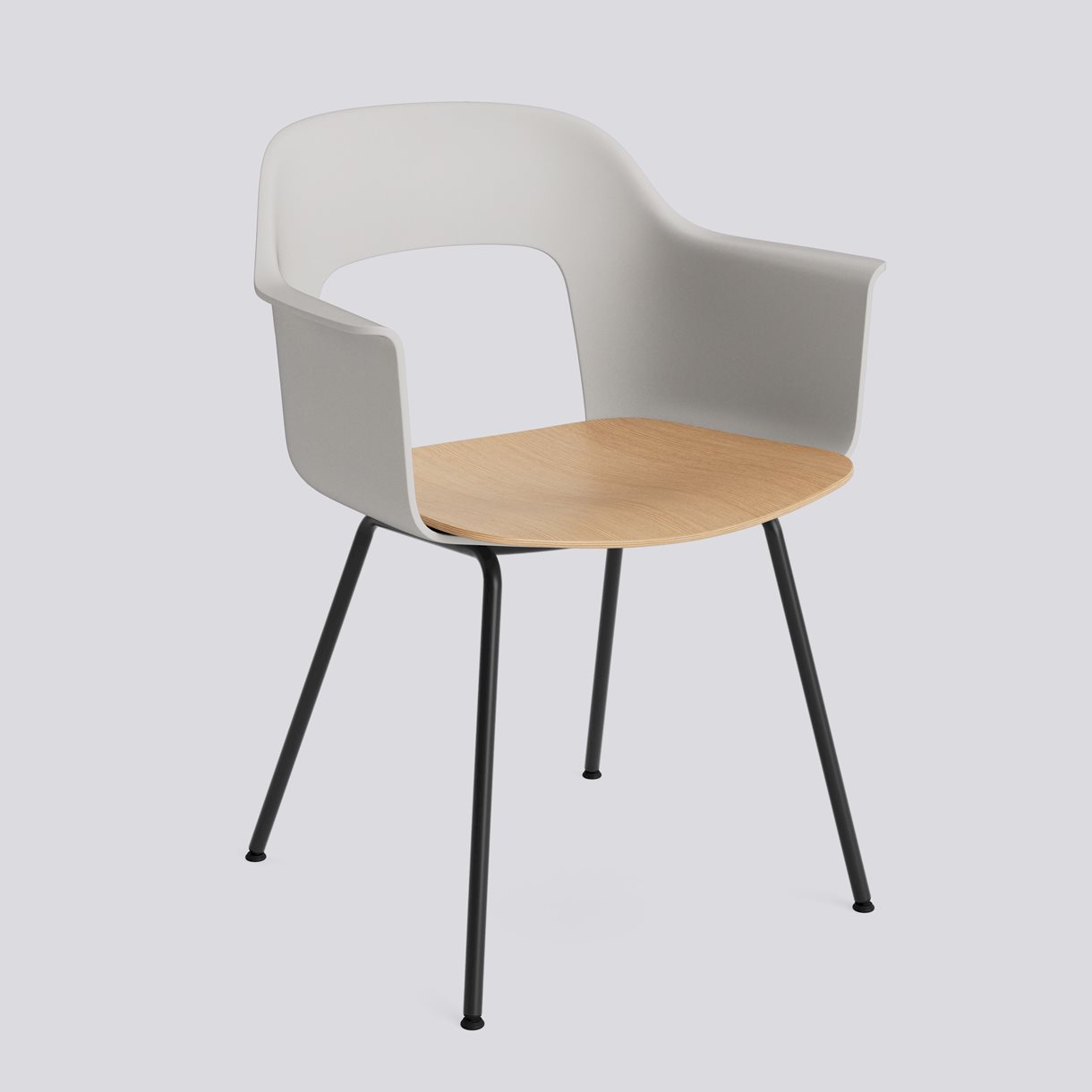 Layout Armchair 212 Black powder coated steel 4 leg base Standard glider-Sky grey polypropylene shell Water-based lacquered oak veneer seat-None-None
