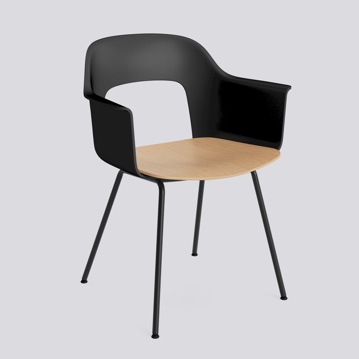 Layout Armchair 212 Black powder coated steel 4 leg base Standard glider-Black polypropylene shell Water-based lacquered oak veneer seat-None-None