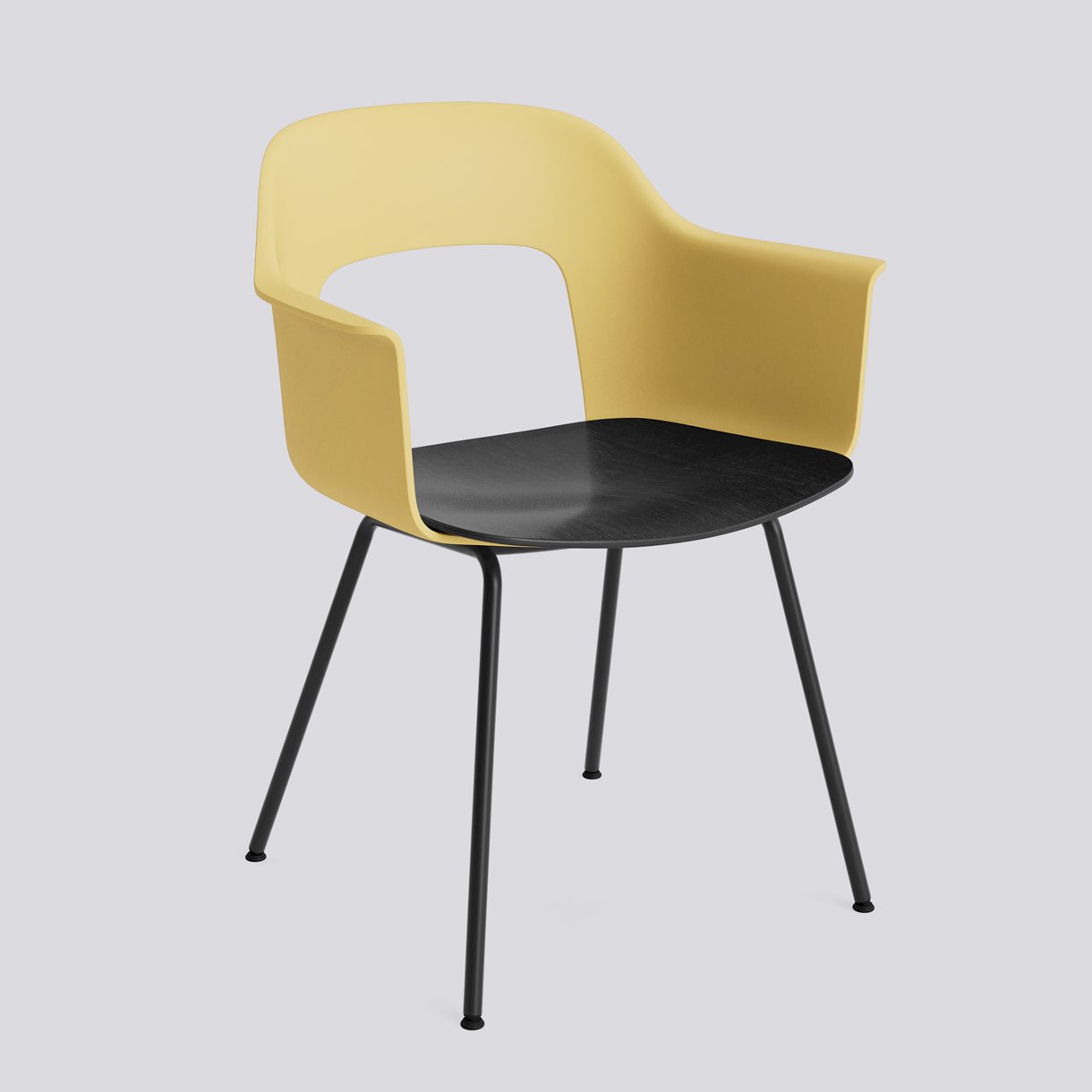 Layout Armchair 212 Black powder coated steel 4 leg base Standard glider-Biscotti polypropylene shell Black water-based lacquered oak veneer seat-None-None