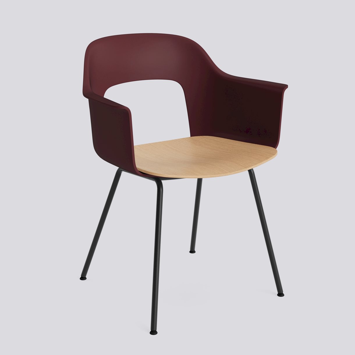 Layout Armchair 212 Black powder coated steel 4 leg base Standard glider-Bordeaux polypropylene shell Water-based lacquered oak veneer seat-None-None