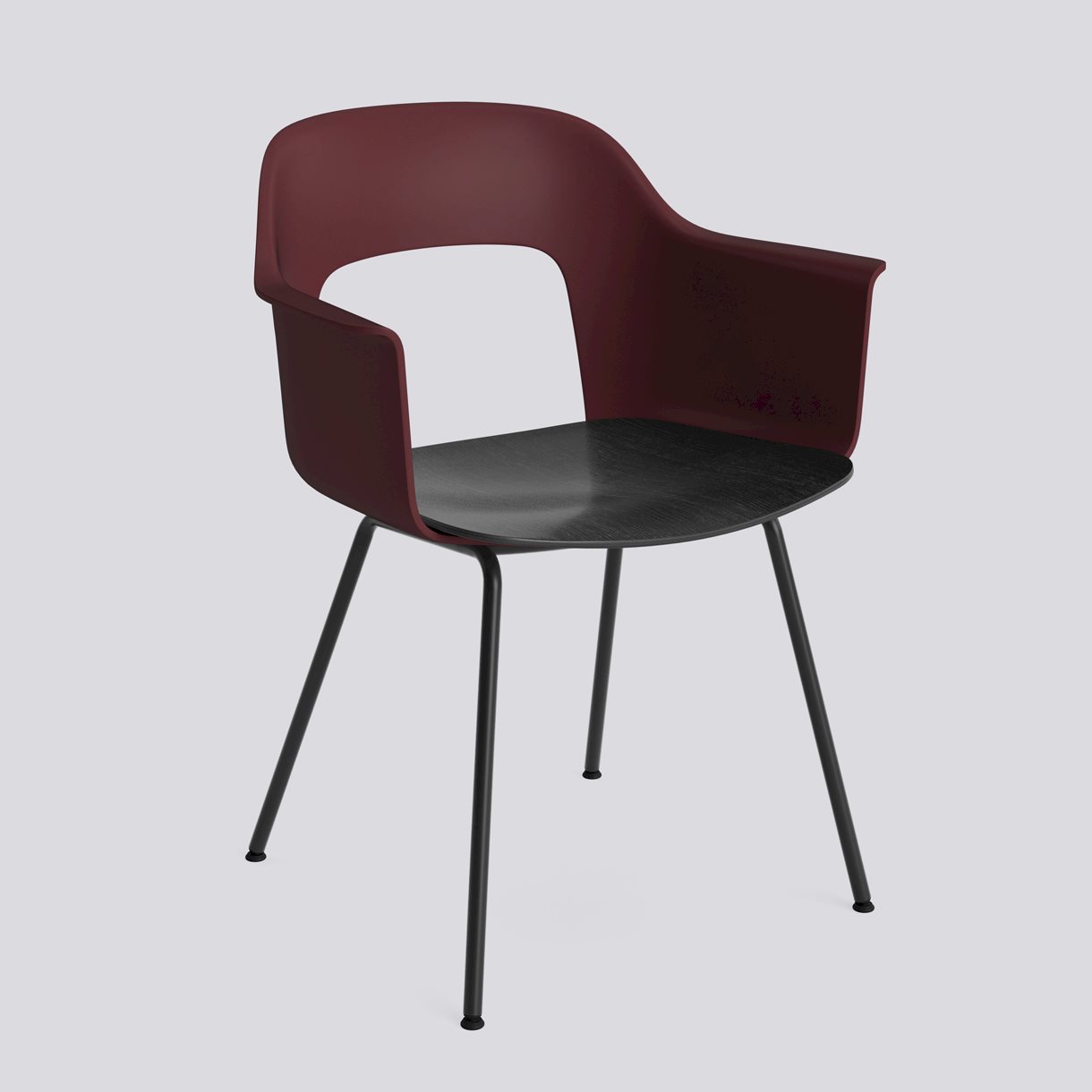 Layout Armchair 212 Black powder coated steel 4 leg base Standard glider-Bordeaux polypropylene shell  Black water-based lacquered oak veneer seat-None-None