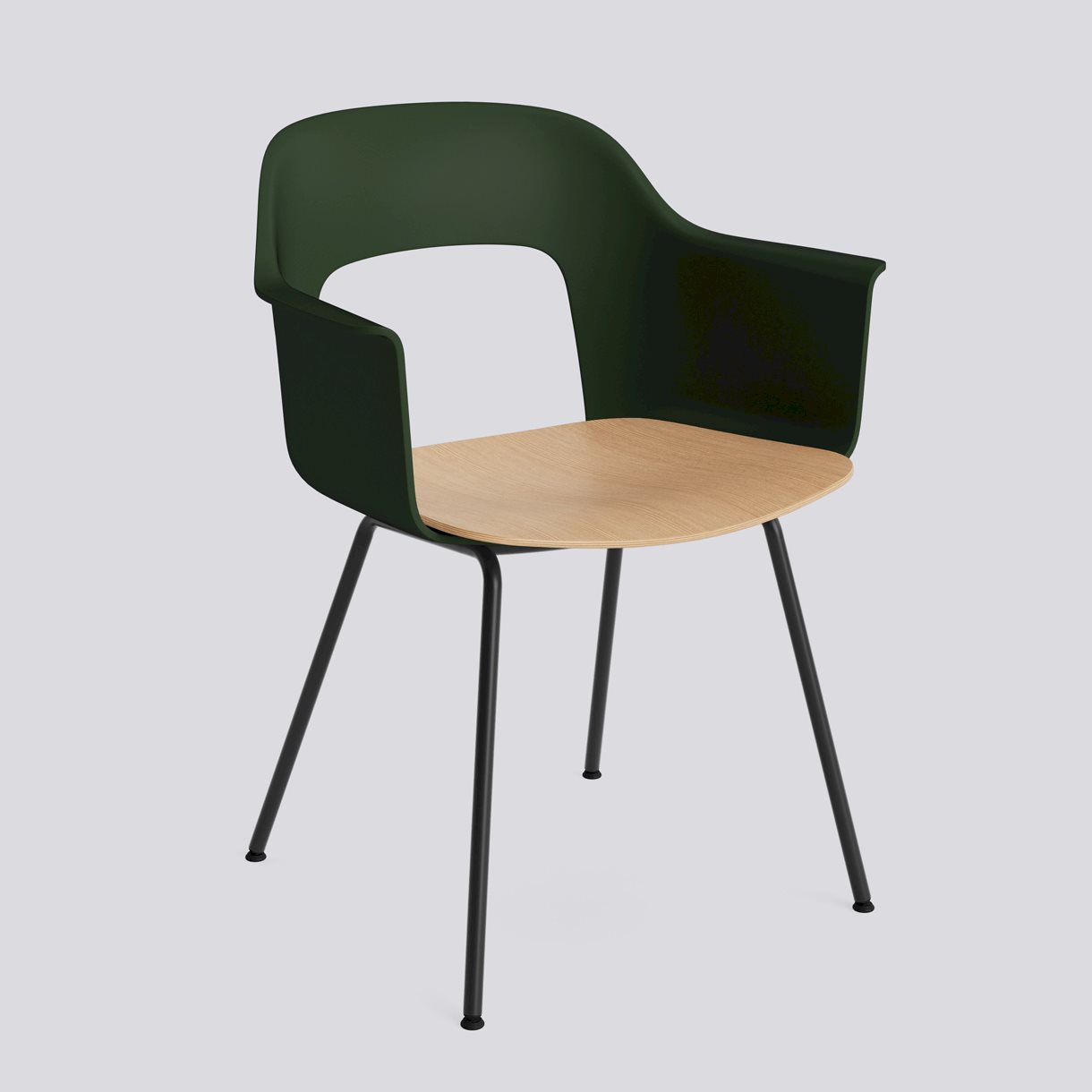 Layout Armchair 212 Black powder coated steel 4 leg base Standard glider-Bottle green polypropylene shell Water-based lacquered oak veneer seat-None-None