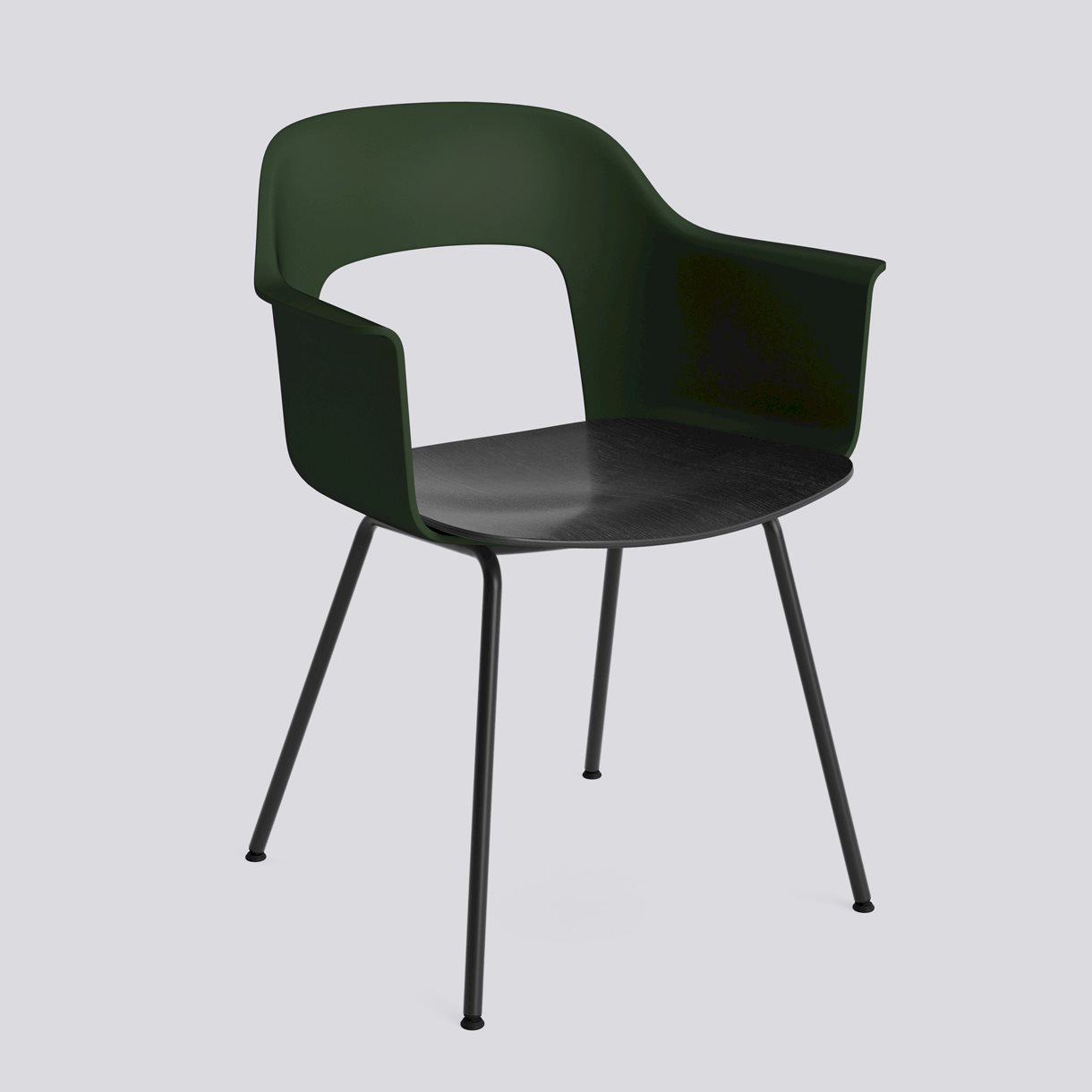 Layout Armchair 212 Black powder coated steel 4 leg base Standard glider-Bottle green polypropylene shell Black water-based lacquered oak veneer seat-None-None