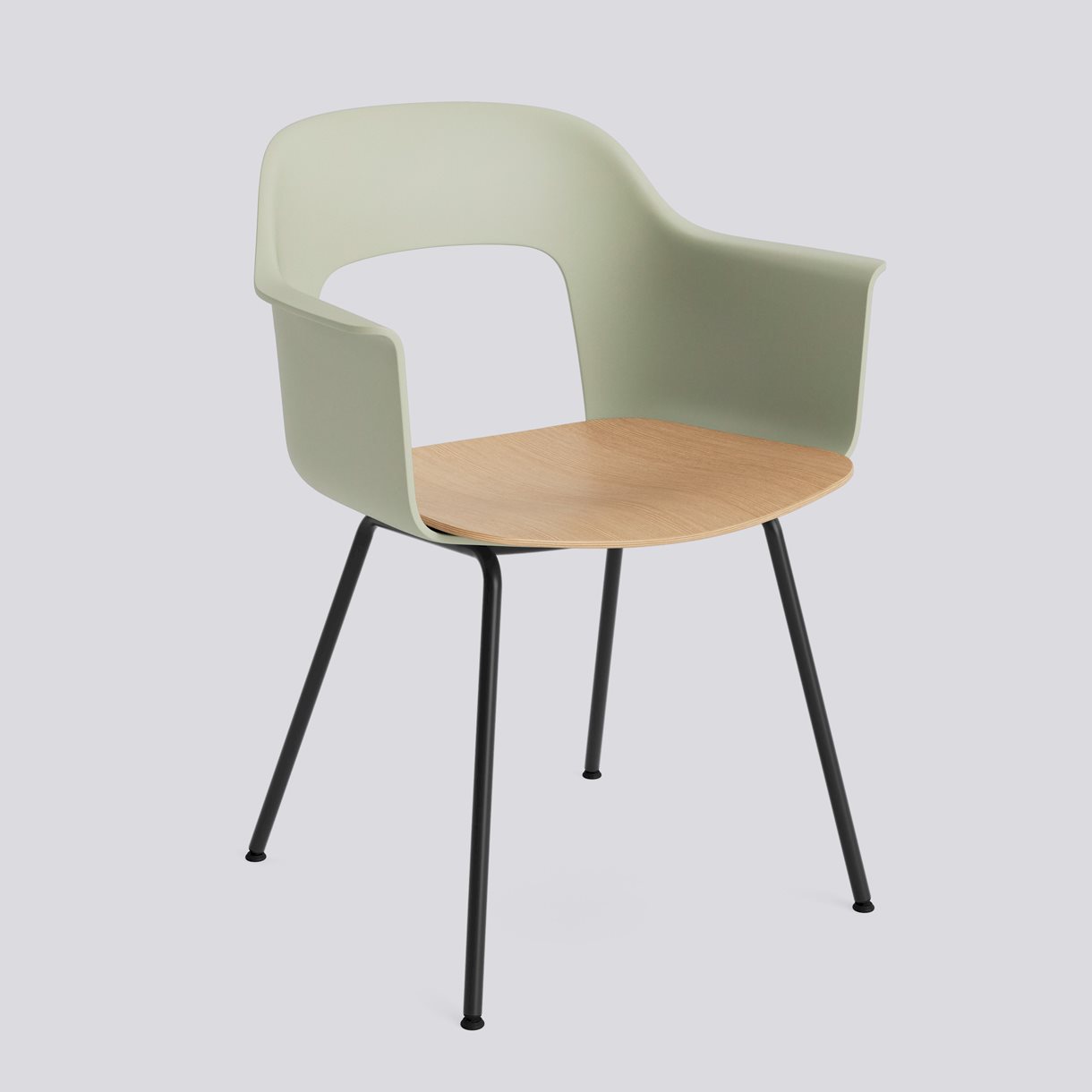 Layout Armchair 212 Black powder coated steel 4 leg base Standard glider-Pastel green polypropylene shell Water-based lacquered oak veneer seat-None-None