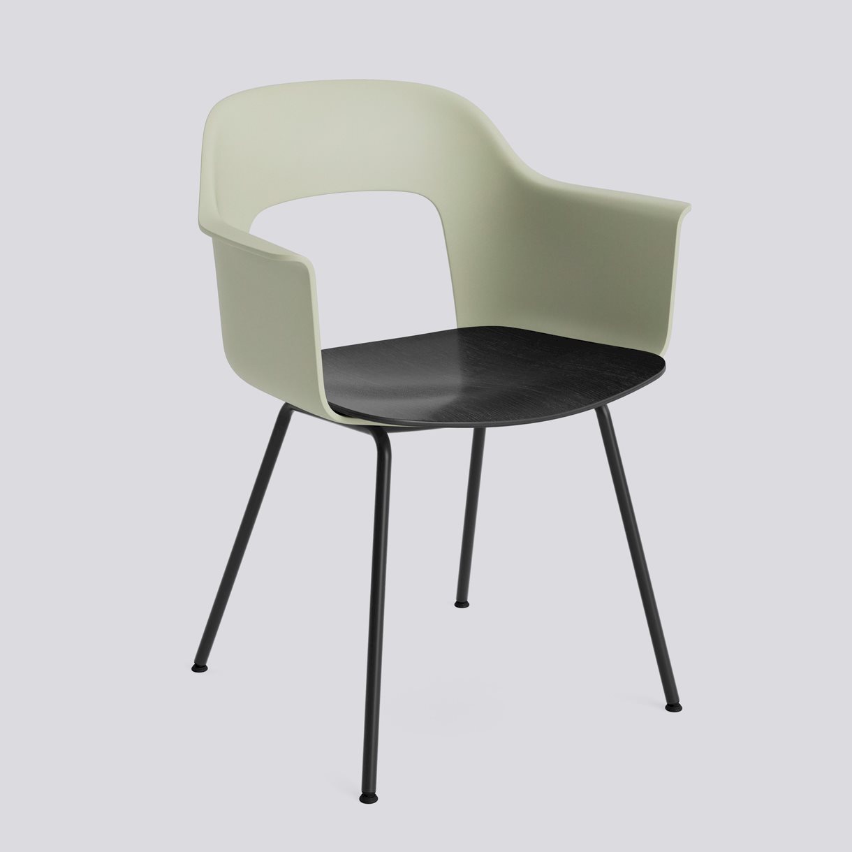 Layout Armchair 212 Black powder coated steel 4 leg base Standard glider-Pastel green polypropylene shell Black water-based lacquered oak veneer seat-None-None