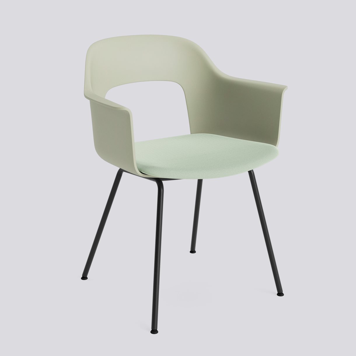 Layout Armchair 213 Black powder coated steel 4 leg base Standard glider-Pastel green polypropylene shell Seat upholstery-Relate -921
