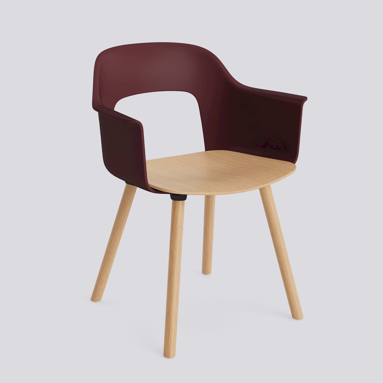 Layout Armchair 222 Water-based lacquered solid oak 4 leg base Standard glider-Bordeaux polypropylene shell Water-based lacquered oak veneer seat-None-None