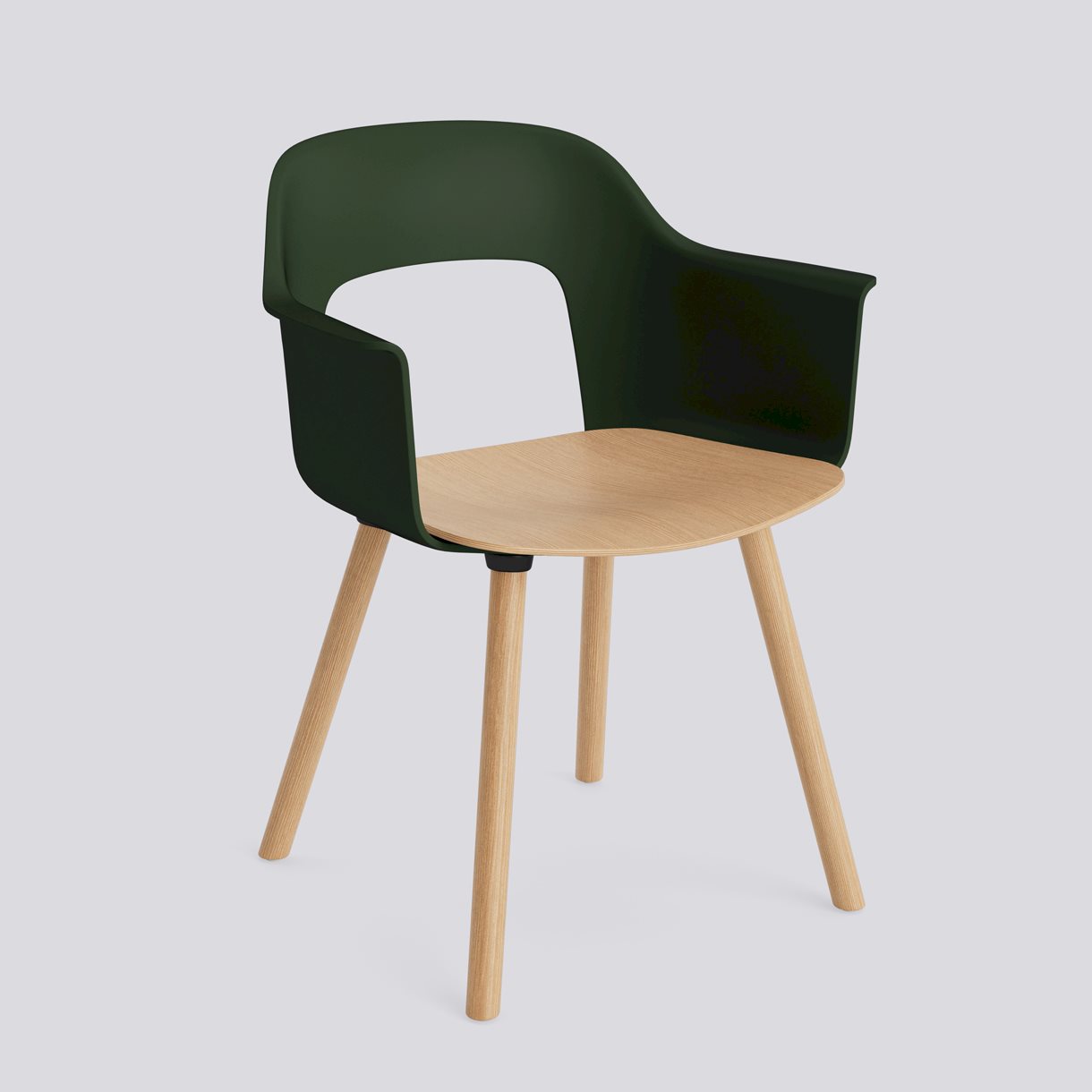 Layout Armchair 222 Water-based lacquered solid oak 4 leg base Standard glider-Bottle green polypropylene shell Water-based lacquered oak veneer seat-None-None
