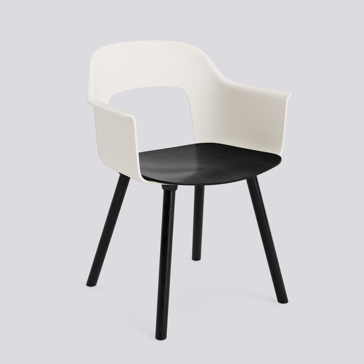 Layout Armchair 222 Black water-based lacquered solid oak 4 leg base Standard glider-Cream white polypropylene shell Black water-based lacquered oak veneer seat-None-None