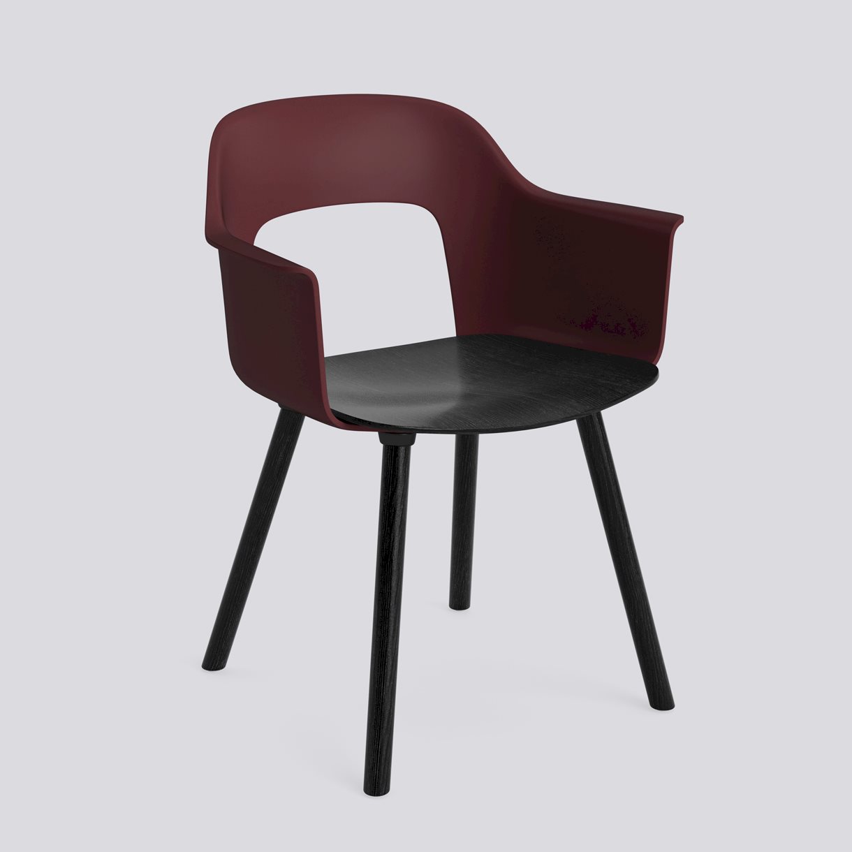 Layout Armchair 222 Black water-based lacquered solid oak 4 leg base Standard glider-Bordeaux polypropylene shell  Black water-based lacquered oak veneer seat-None-None