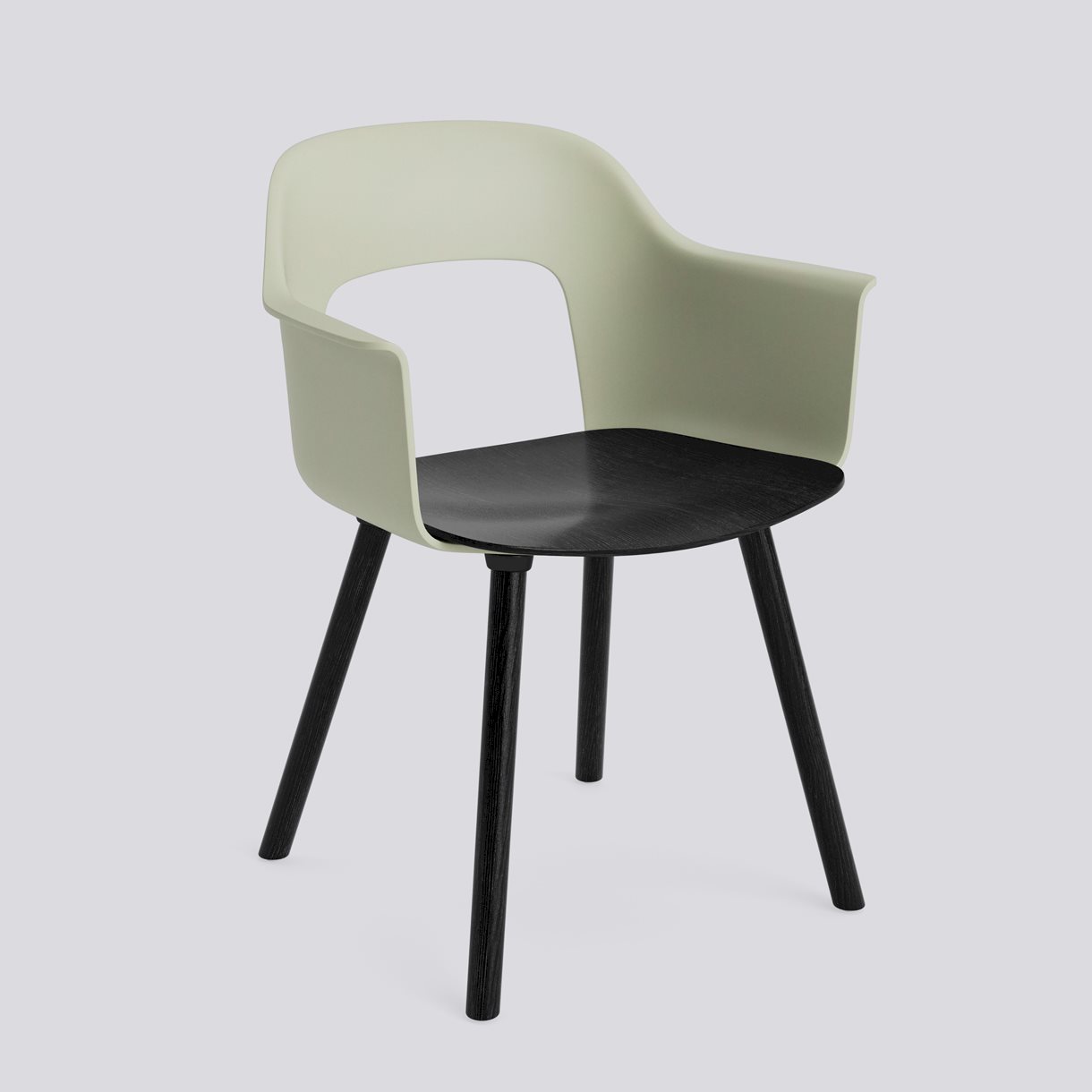 Layout Armchair 222 Black water-based lacquered solid oak 4 leg base Standard glider-Pastel green polypropylene shell Black water-based lacquered oak veneer seat-None-None
