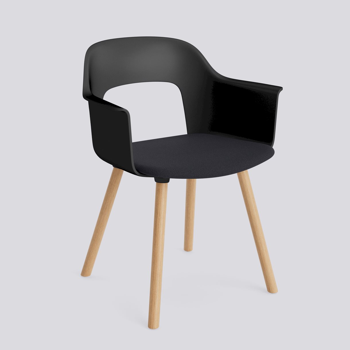 Layout Armchair 223 Water-based lacquered solid oak 4 leg base Standard glider-Black polypropylene shell Seat upholstery-Steelcut Trio-195
