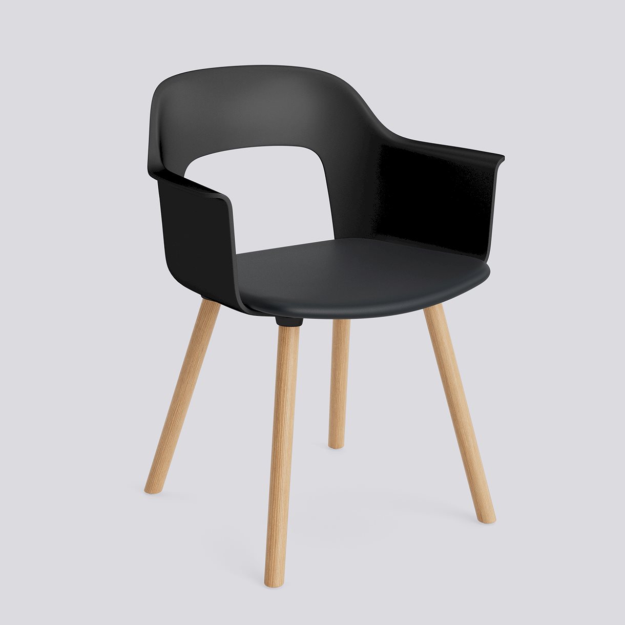 Layout Armchair 223 Water-based lacquered solid oak 4 leg base Standard glider-Black polypropylene shell Seat upholstery-Grano-Black