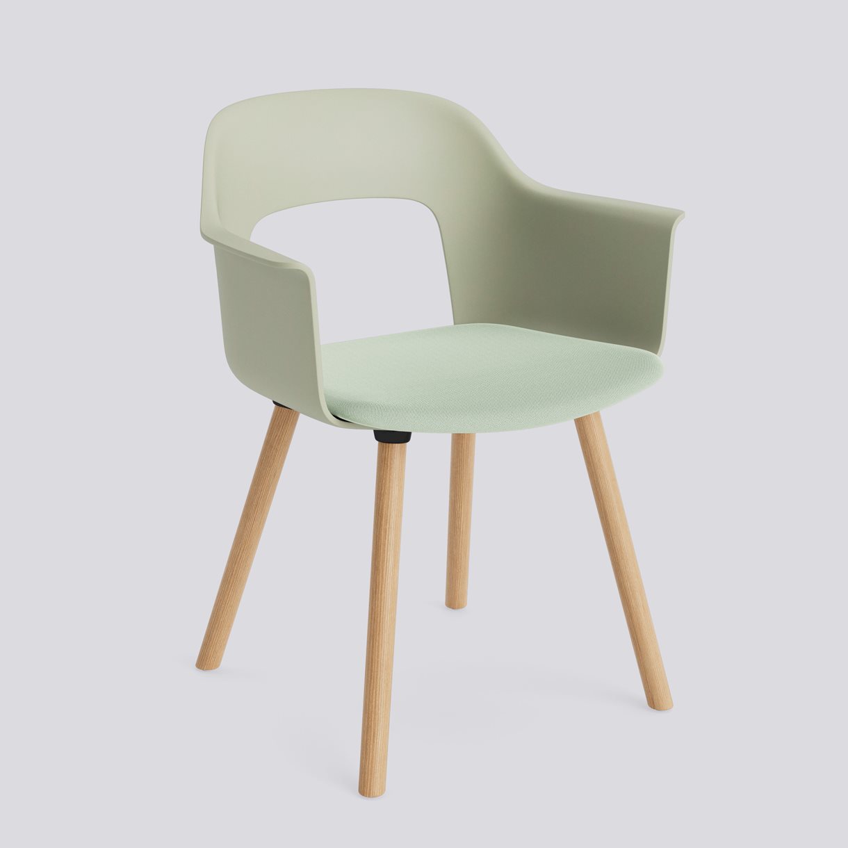 Layout Armchair 223 Water-based lacquered solid oak 4 leg base Standard glider-Pastel green polypropylene shell Seat upholstery-Relate -921
