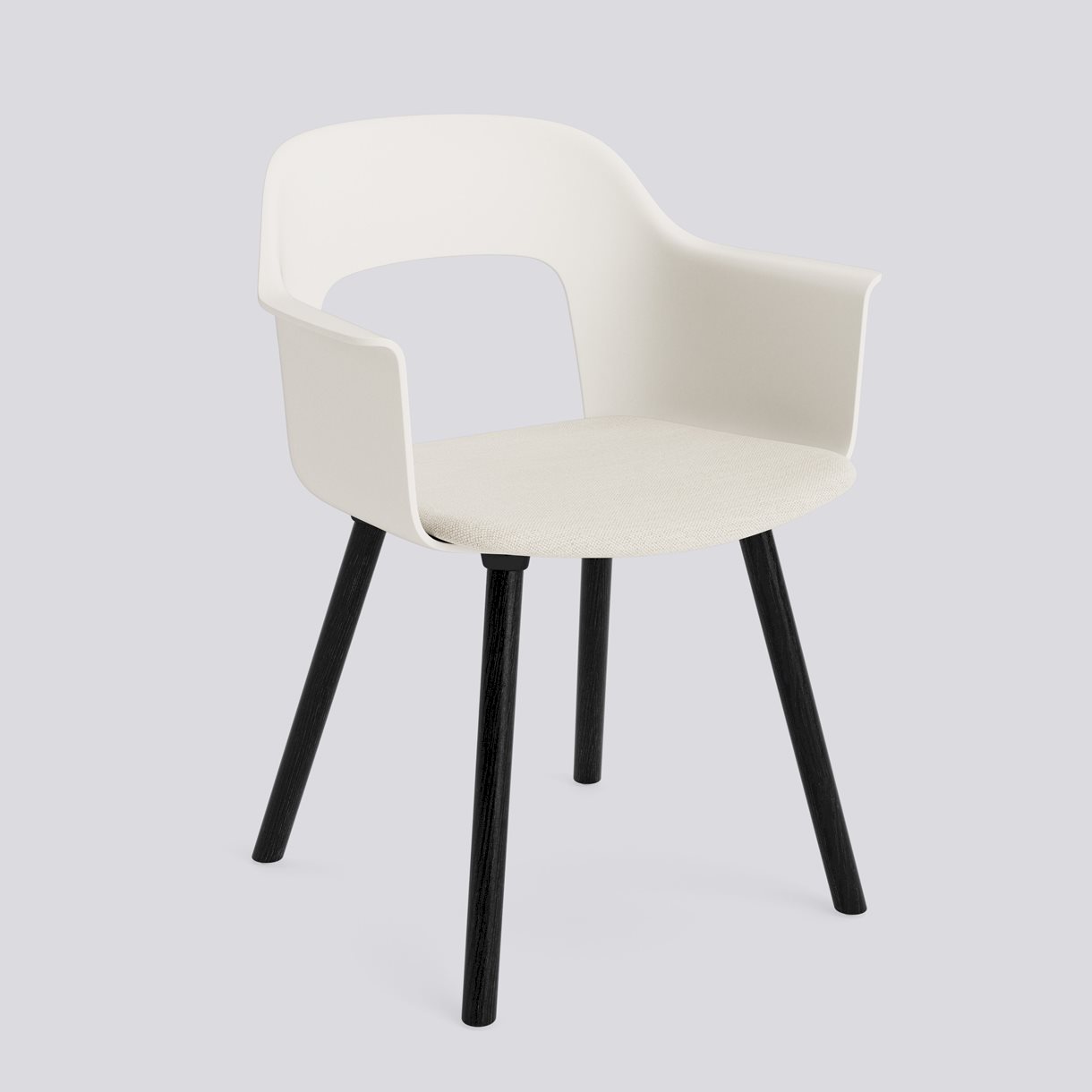 Layout Armchair 223 Black water-based lacquered solid oak 4 leg base Standard glider-Cream white polypropylene shell Seat upholstery-Mode-011
