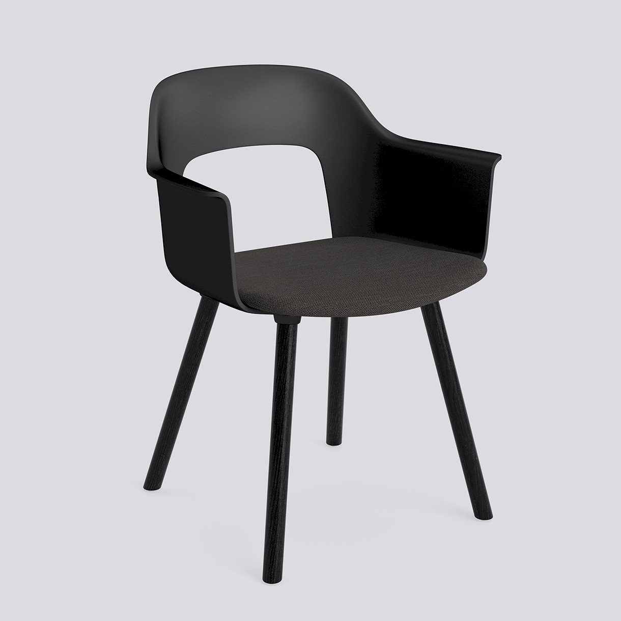 Layout Armchair 223 Black water-based lacquered solid oak 4 leg base Standard glider-Black polypropylene shell Seat upholstery-Mode-005