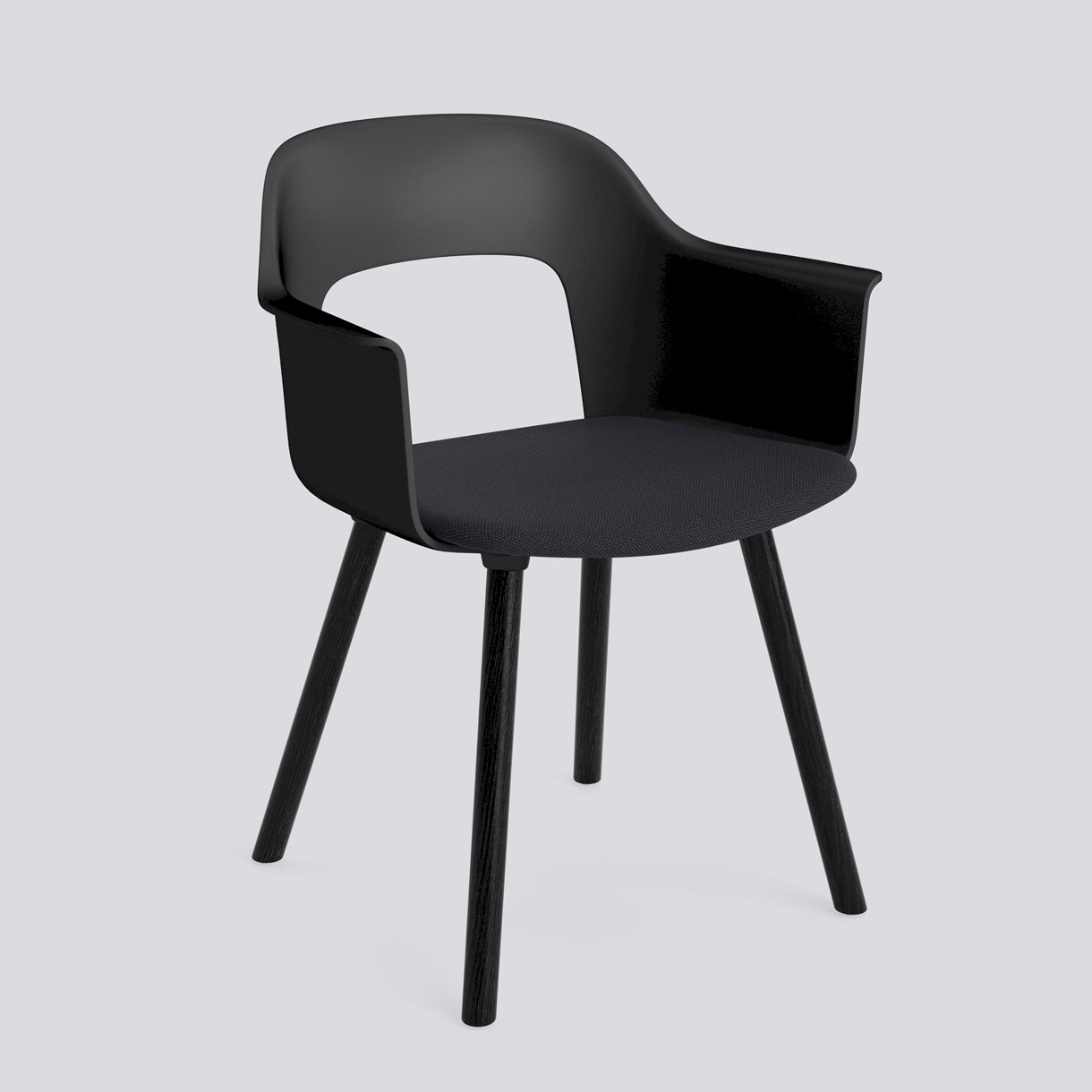 Layout Armchair 223 Black water-based lacquered solid oak 4 leg base Standard glider-Black polypropylene shell Seat upholstery-Steelcut Trio-195