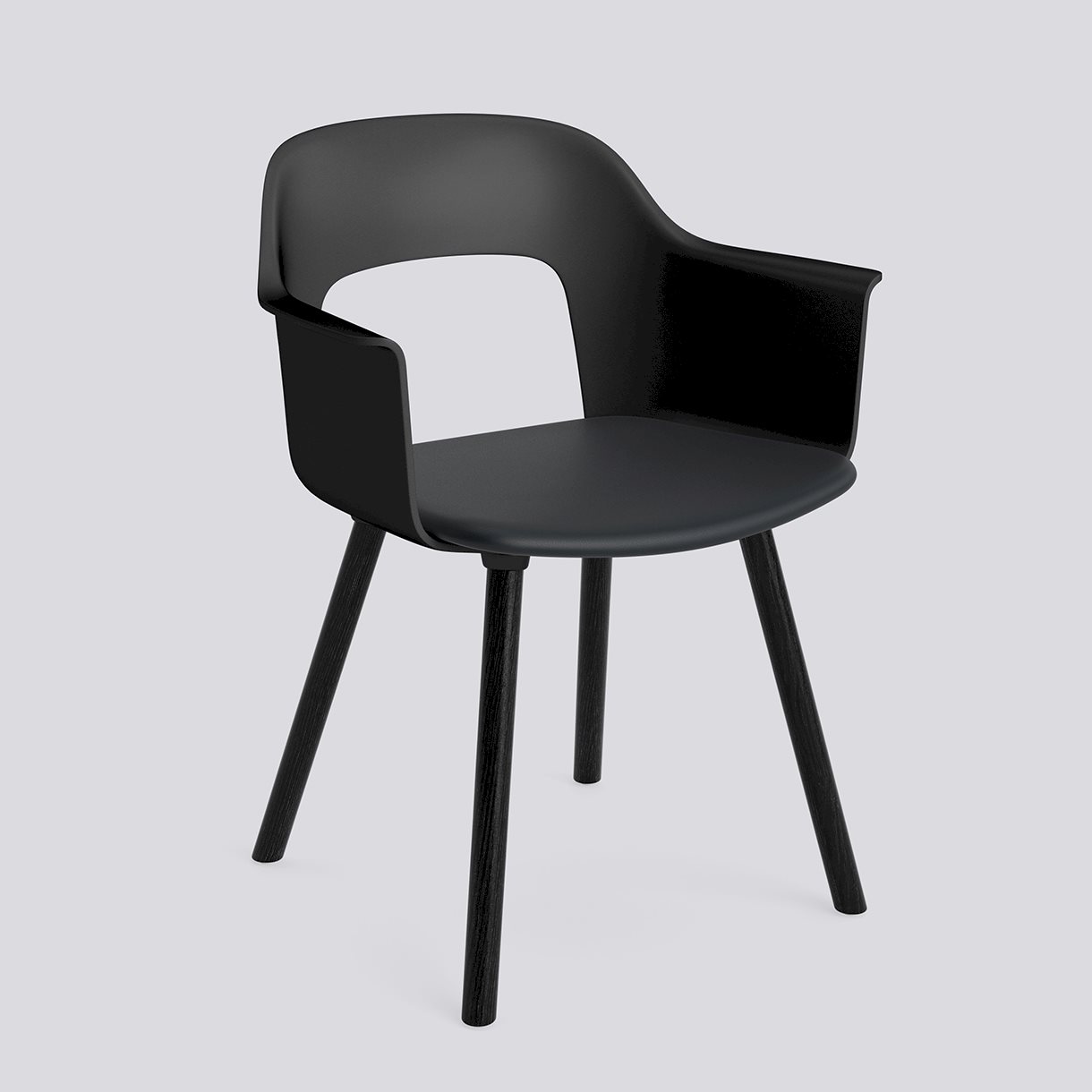 Layout Armchair 223 Black water-based lacquered solid oak 4 leg base Standard glider-Black polypropylene shell Seat upholstery-Grano-Black