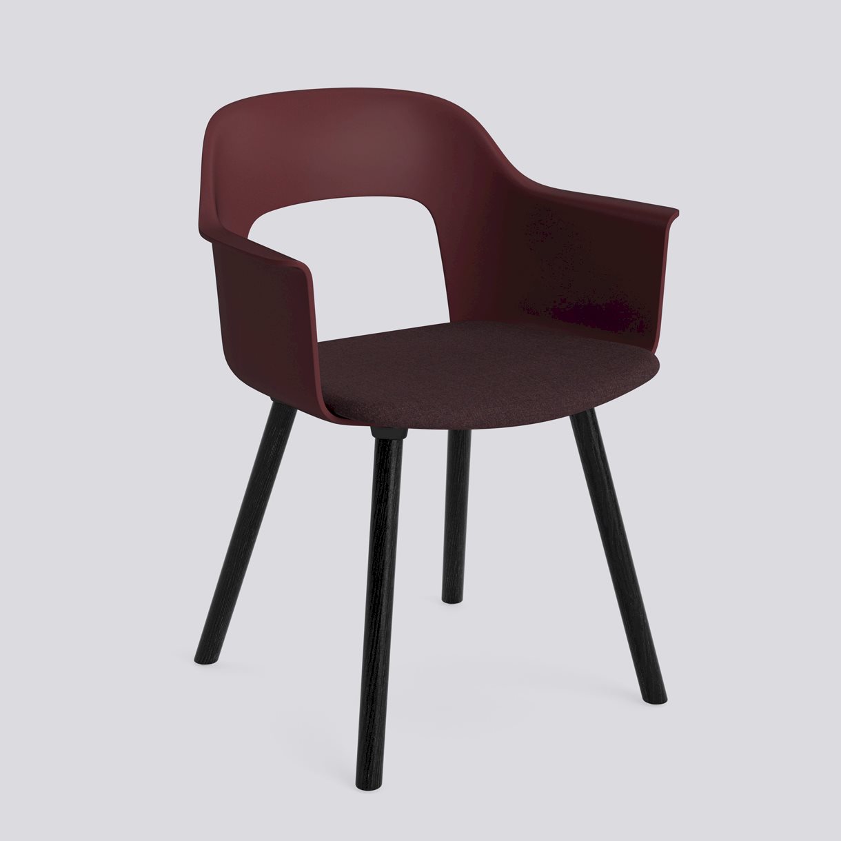 Layout Armchair 223 Black water-based lacquered solid oak 4 leg base Standard glider-Bordeaux polypropylene shell Seat upholstery-Remix-373