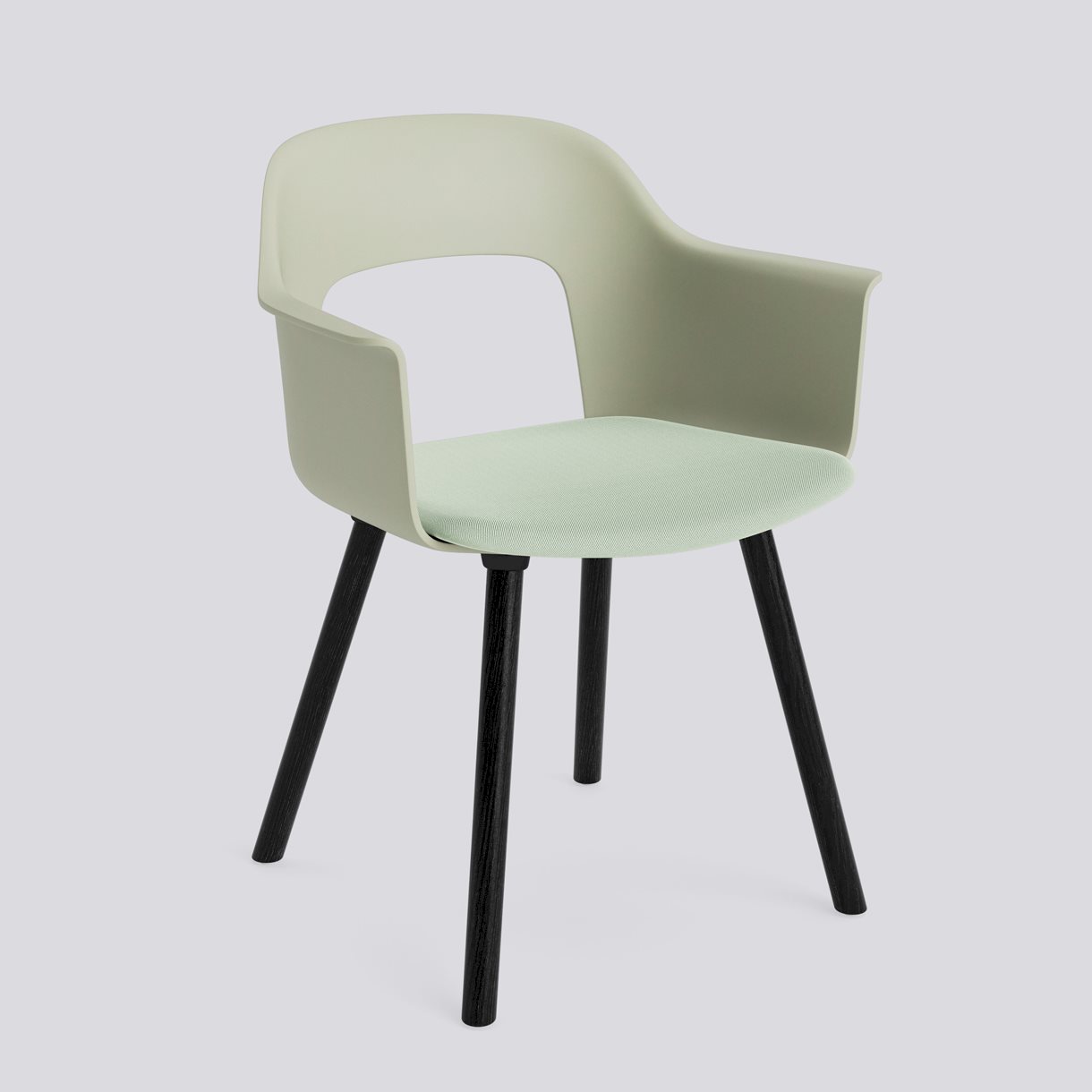 Layout Armchair 223 Black water-based lacquered solid oak 4 leg base Standard glider-Pastel green polypropylene shell Seat upholstery-Relate -921