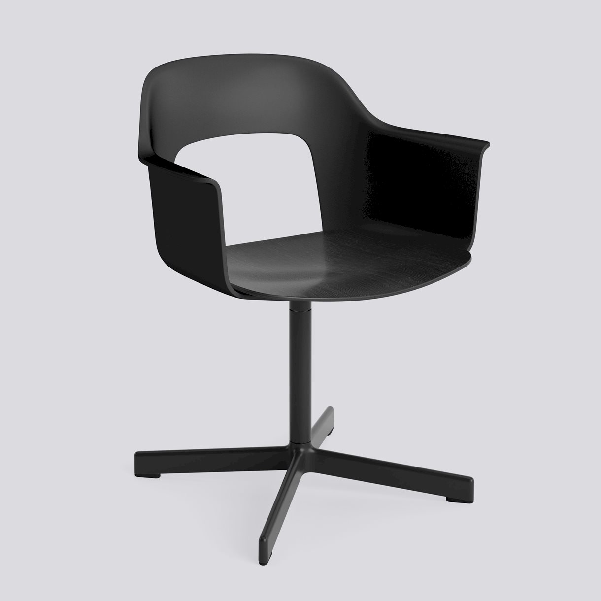 Layout Armchair 232 Black powder coated aluminium 4 star swivel base Standard glider-Black polypropylene shell Black water-based lacquered oak veneer seat-None-None