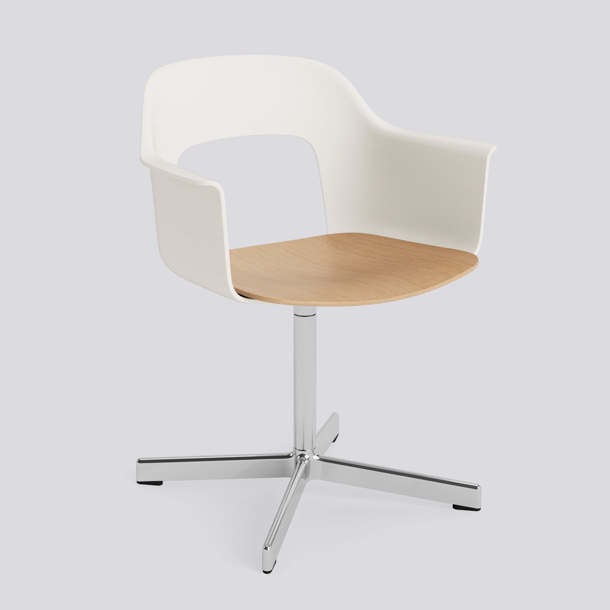 Layout Armchair 232 Polished aluminium 4 star swivel base Standard glider-Cream white polypropylene shell Water-based lacquered oak veneer seat-None-None