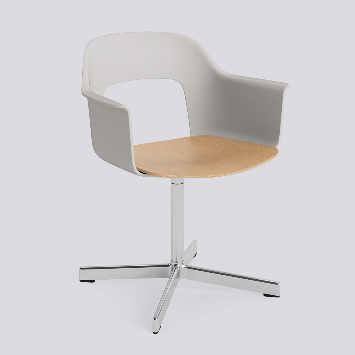 Layout Armchair 232 Polished aluminium 4 star swivel base Standard glider-Sky grey polypropylene shell Water-based lacquered oak veneer seat-None-None