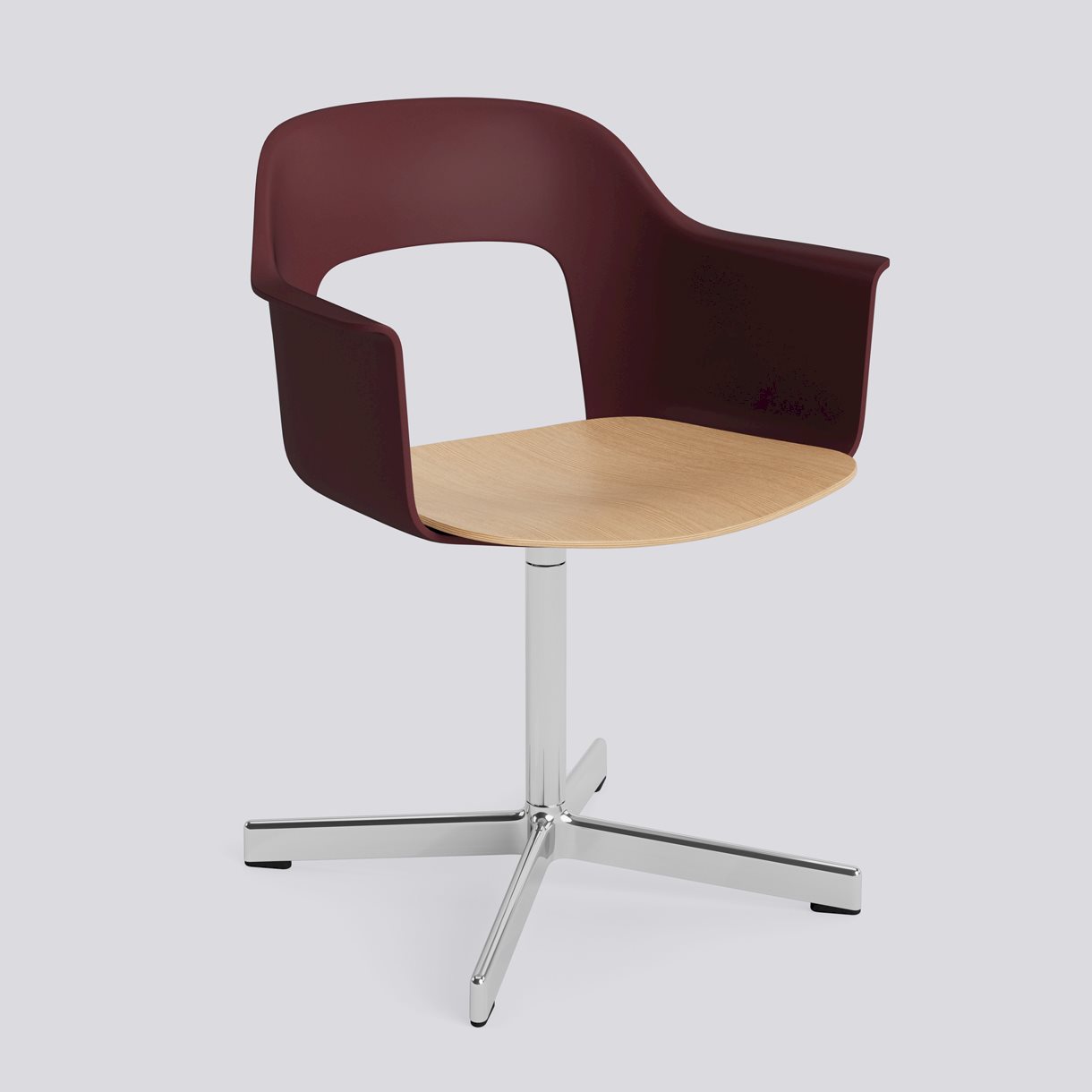 Layout Armchair 232 Polished aluminium 4 star swivel base Standard glider-Bordeaux polypropylene shell Water-based lacquered oak veneer seat-None-None