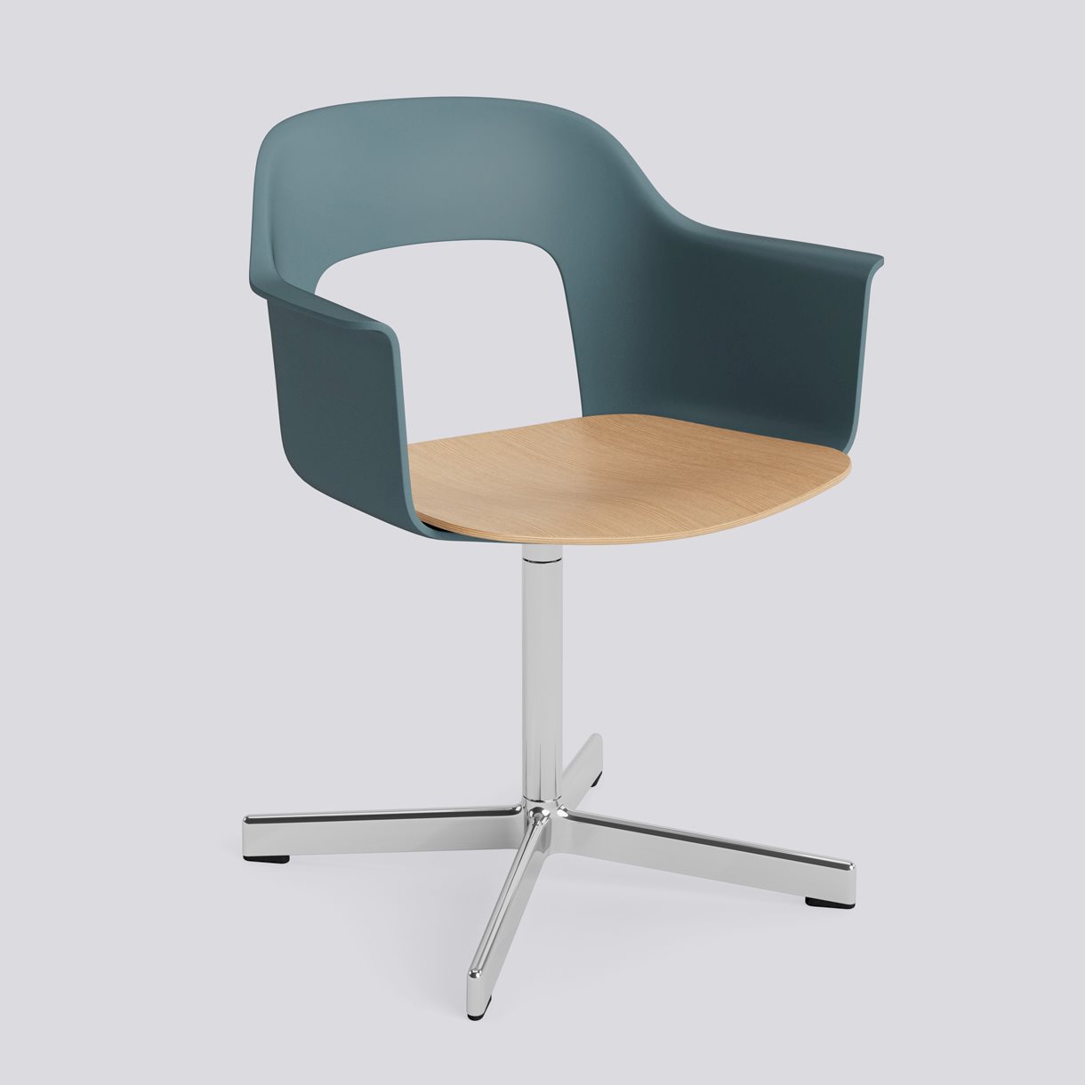 Layout Armchair 232 Polished aluminium 4 star swivel base Standard glider-Ocean polypropylene shell Water-based lacquered oak veneer seat-None-None