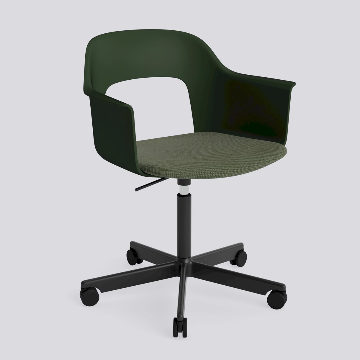 Layout Armchair 243 Black powder coated aluminium 5 star swivel Gas lift Wheel base-Bottle green polypropylene shell Seat upholstery-Mode-072
