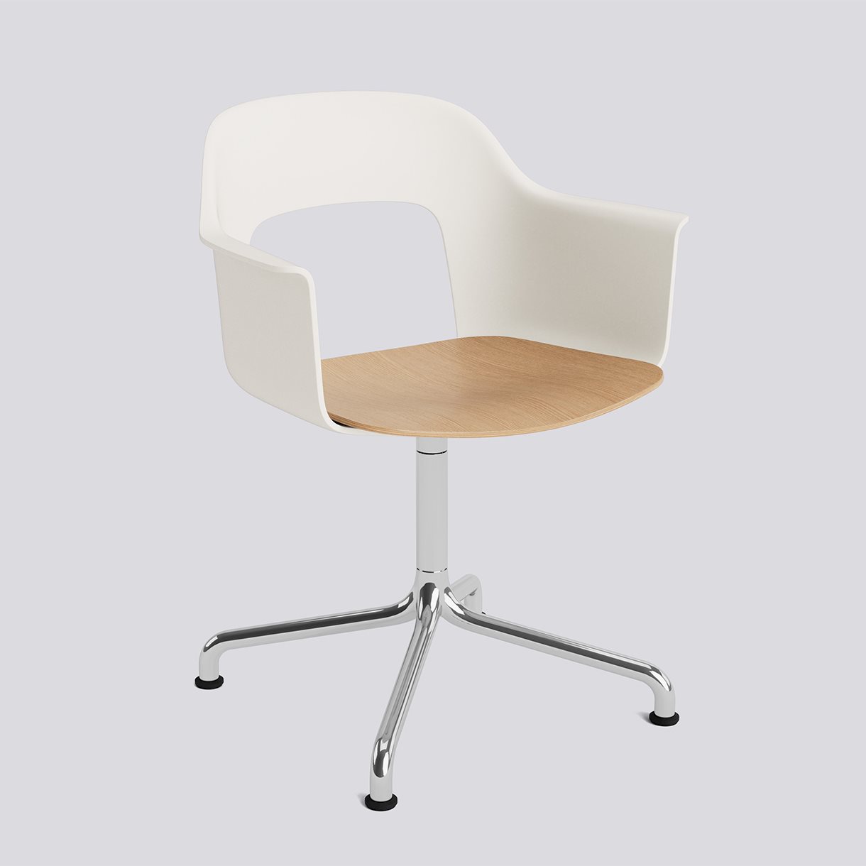 Layout Armchair 252 Polished aluminium 4 star swivel arc base Standard glider-Cream white polypropylene shell Water-based lacquered oak veneer seat-None-None