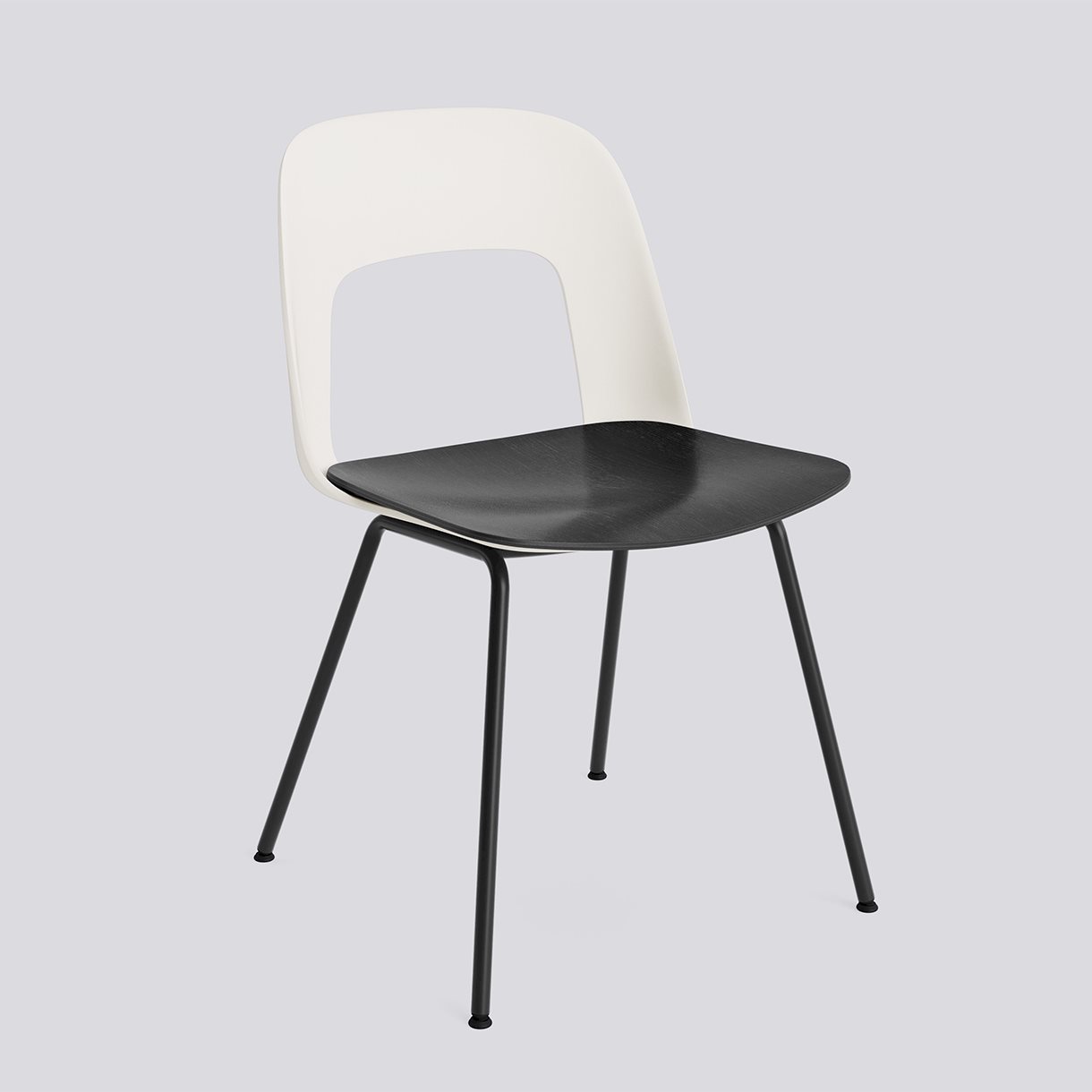 Layout Chair 112 Black powder coated steel 4 leg base Standard glider-Cream white polypropylene shell Black water-based lacquered oak veneer seat-None-None