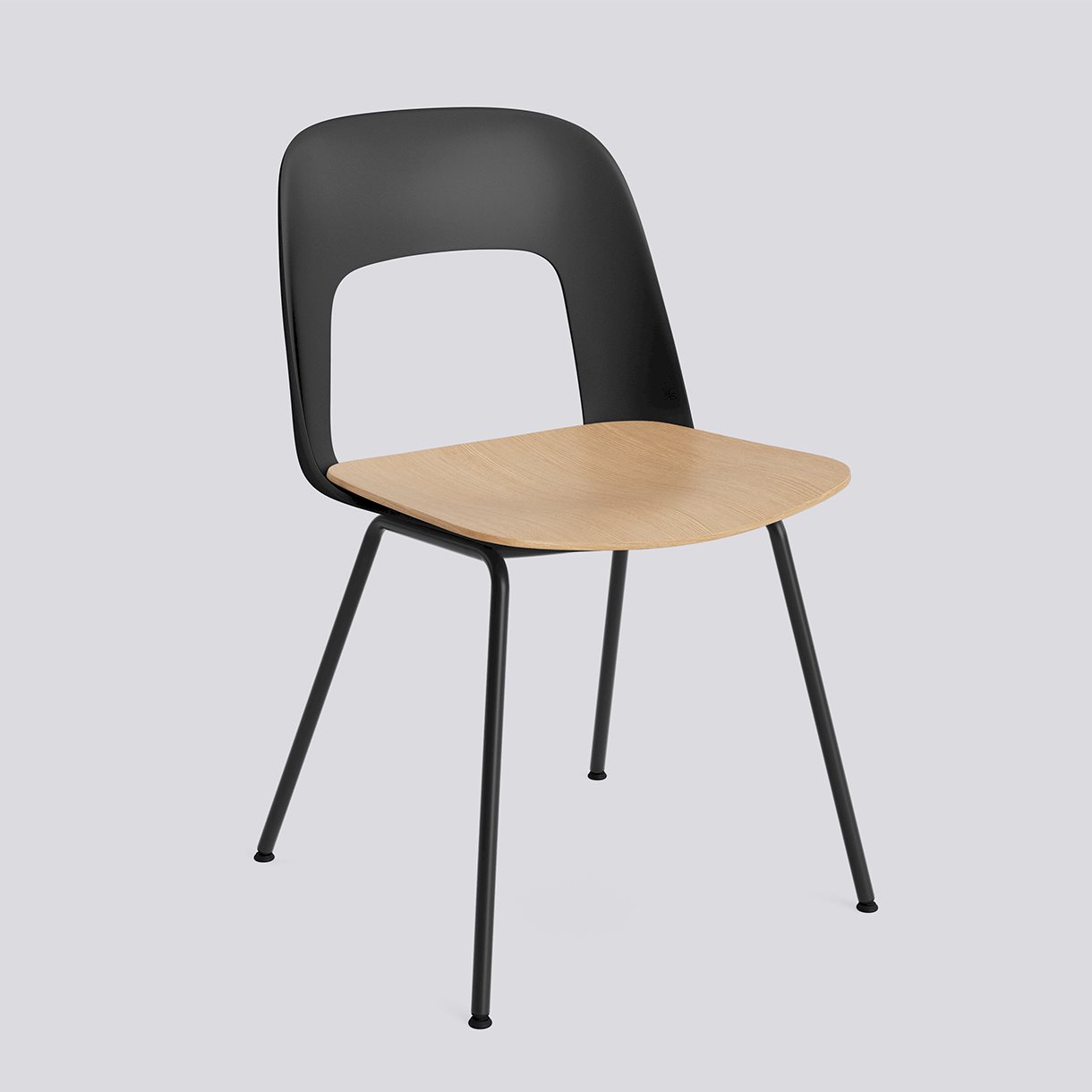 Layout Chair 112 Black powder coated steel 4 leg base Standard glider-Black polypropylene shell Water-based lacquered oak veneer seat-None-None
