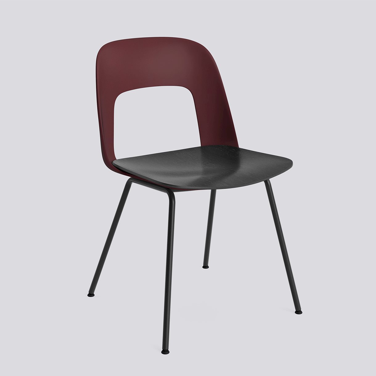 Layout Chair 112 Black powder coated steel 4 leg base Standard glider-Bordeaux polypropylene shell  Black water-based lacquered oak veneer seat-None-None