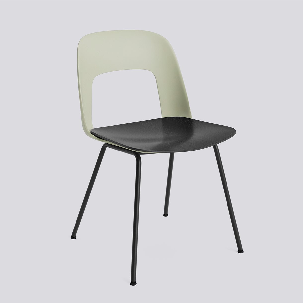 Layout Chair 112 Black powder coated steel 4 leg base Standard glider-Pastel green polypropylene shell Black water-based lacquered oak veneer seat-None-None