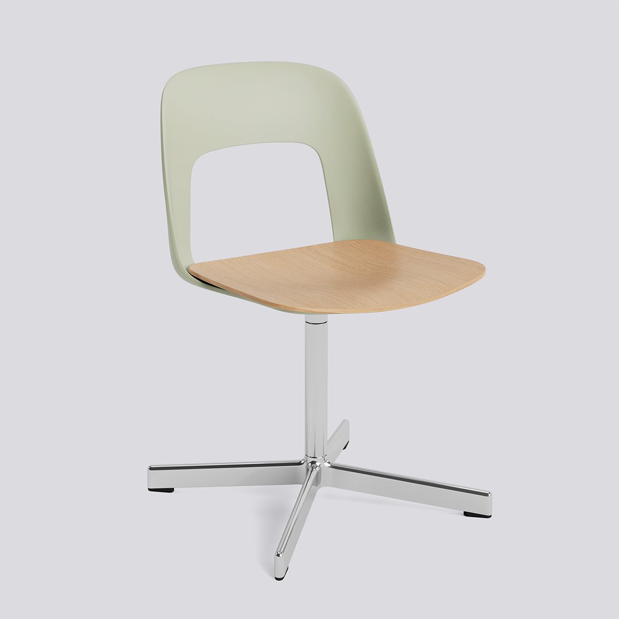 Layout Chair 132 Polished aluminium 4 star swivel base Standard glider-Pastel green polypropylene shell Water-based lacquered oak veneer seat-None-None