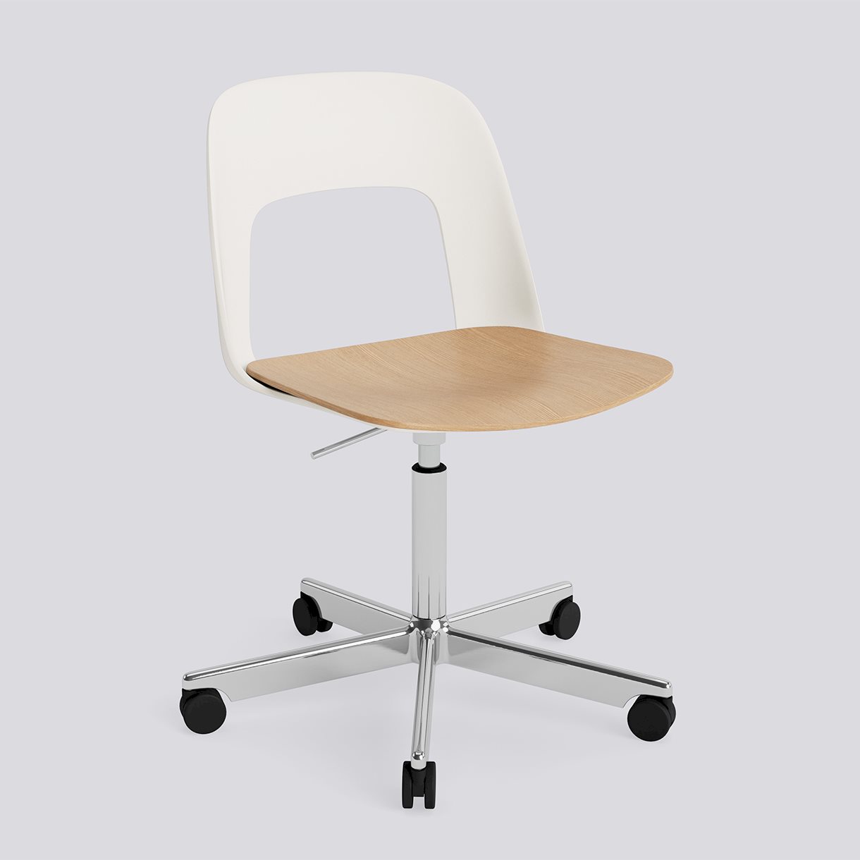 Layout Chair 142 Polished aluminium 5 star swivel Gas lift Wheel base-Cream white polypropylene shell Water-based lacquered oak veneer seat-None-None