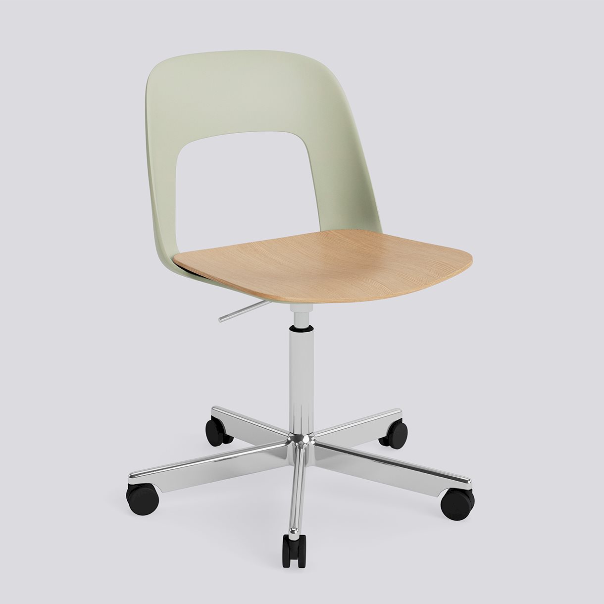 Layout Chair 142 Polished aluminium 5 star swivel Gas lift Wheel base-Pastel green polypropylene shell Water-based lacquered oak veneer seat-None-None