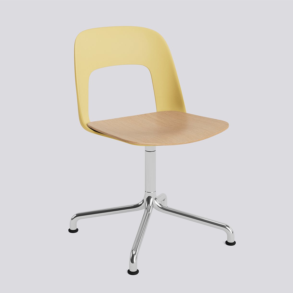 Layout Chair 152 Polished aluminium 4 star swivel arc base Standard glider-Biscotti polypropylene shell Water-based lacquered oak veneer seat-None-None