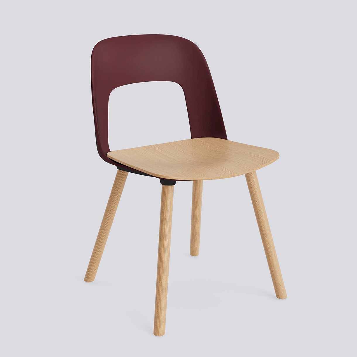 Layout Chair 122 Water-based lacquered solid oak 4 leg base Standard glider-Bordeaux polypropylene shell Water-based lacquered oak veneer seat-None-None