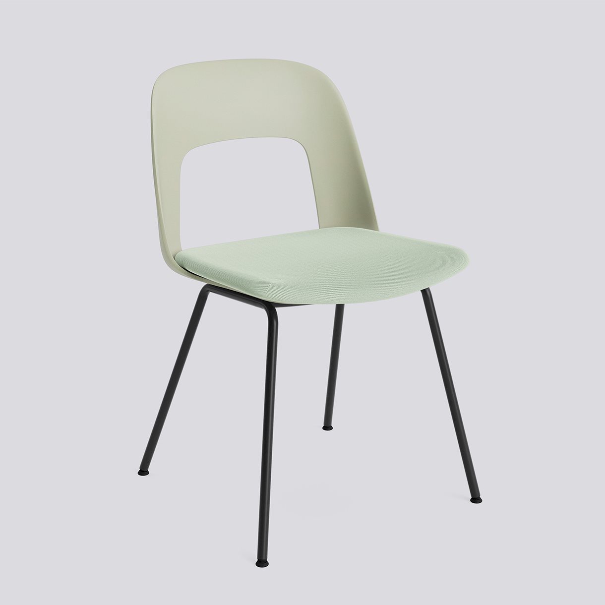 Layout Chair 113 Black powder coated steel 4 leg base Standard glider-Pastel green polypropylene shell Seat upholstery-Relate-921