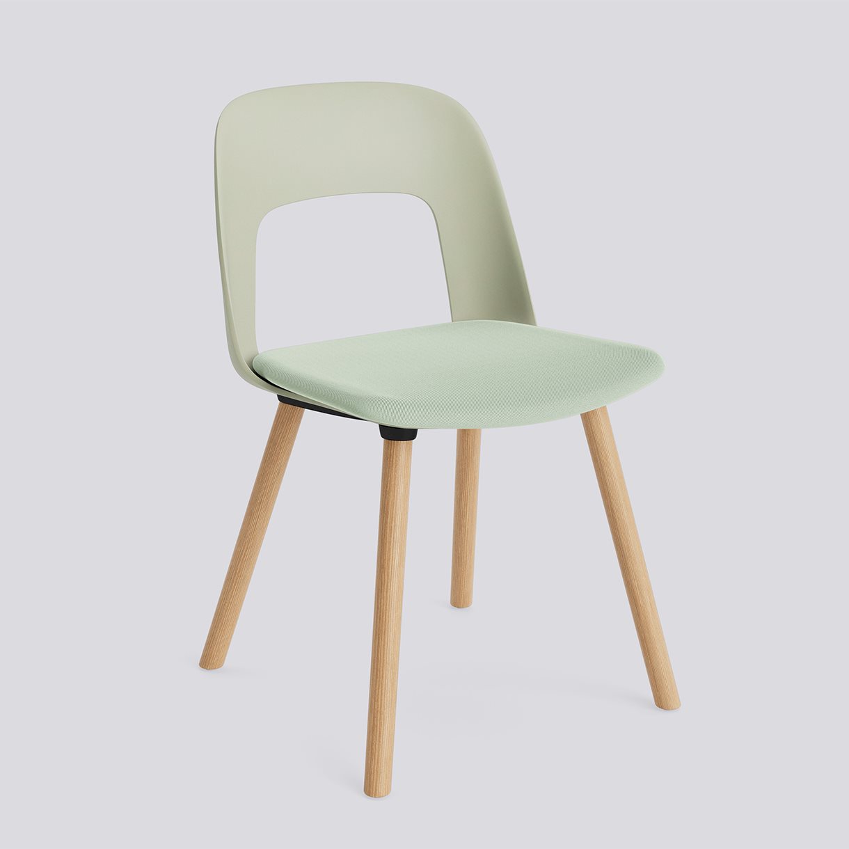 Layout Chair 123 Water-based lacquered solid oak 4 leg base Standard glider-Pastel green polypropylene shell Seat upholstery-Relate-921