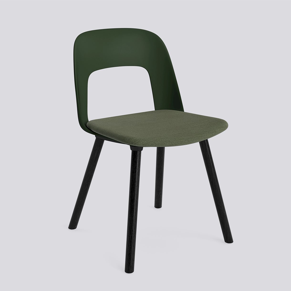 Layout Chair 123 Black water-based lacquered solid oak 4 leg base Standard glider-Bottle green polypropylene shell Seat upholstery-Mode-072