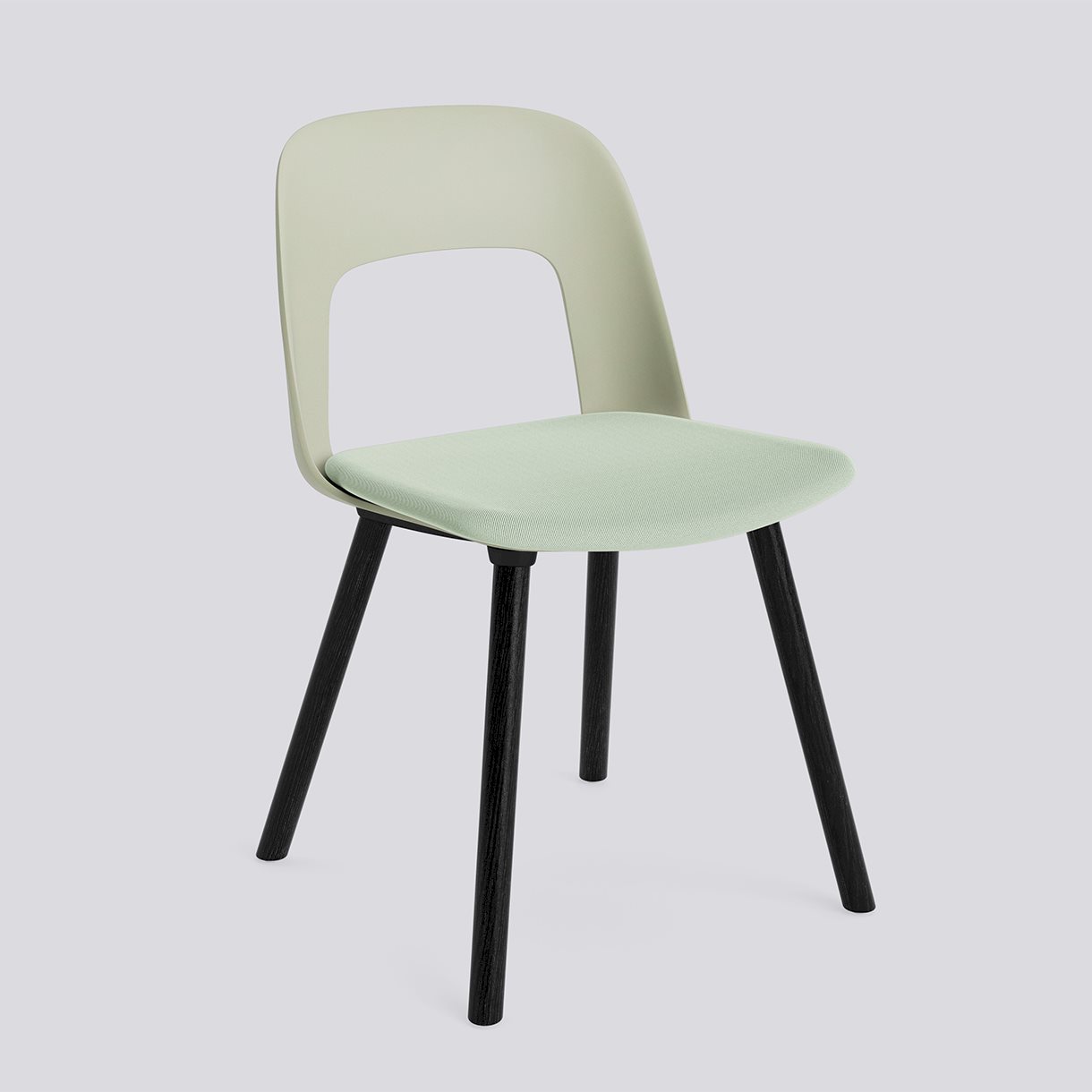 Layout Chair 123 Black water-based lacquered solid oak 4 leg base Standard glider-Pastel green polypropylene shell Seat upholstery-Relate-921