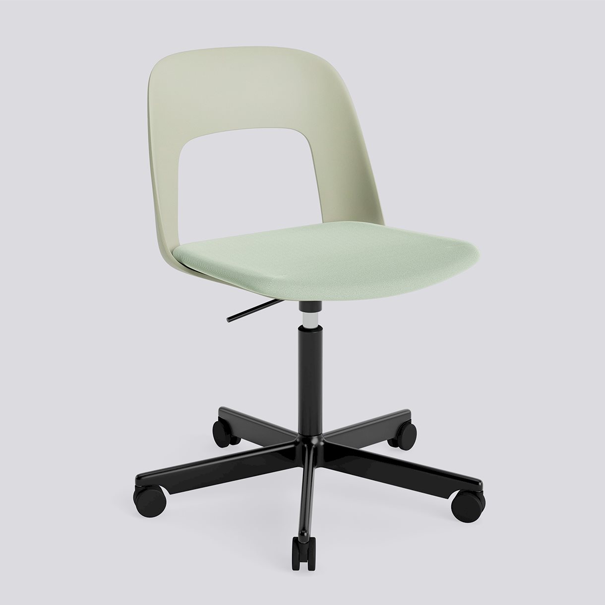 Layout Chair 143 Black powder coated aluminium 5 star swivel Gas lift Wheel base-Pastel green polypropylene shell Seat upholstery-Relate-921
